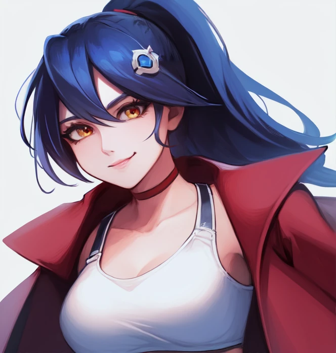 extreme close-up, portrait, solo,  <lora:shiraizumiTamako(MMBN):0.6> shiraizumi_tamako, long hair, red choker, smile, crop top, hair ornament, tank top, blue hair, long ponytail, red coat, white tank top, highres, Digital art, trending on artstation, best quality, insanely detailed, masterpiece, stunning environment, wide-angle,