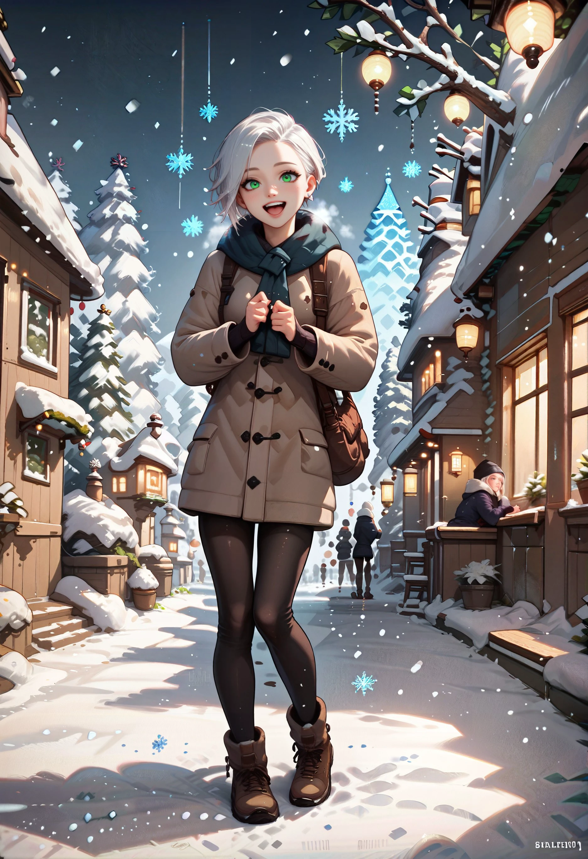 score_9, score_8_up, score_7_up,runa,white hair, green eyes,   happy, winter, winter clothes, standing, watching snowflakes, snowing, background, bright lights, Full body,   <lora:Expressive_H:0.8><lora:Runa-V2:0.8>