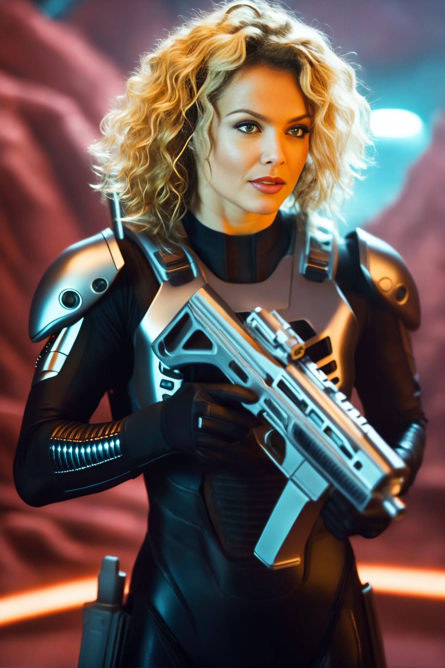 sci-fi style, cinematic film still Photorealism <lora:DinaMeyerSDXL-000008:1>, 25yo DinaMeyerSDXL wearing intricate futuristick body armor, blonde curly hair, holding a futuristic machine gun, on an alien planet, surrounded by monstrous alien bugs, shooting at the bugs, Photorealism, often for highly detailed representation, photographic accuracy, or visual illusion. . shallow depth of field, vignette, highly detailed, high budget Hollywood movie, bokeh, cinemascope, moody, epic, gorgeous, film grain, grainy, futuristic, technological, space themes, advanced civilizations