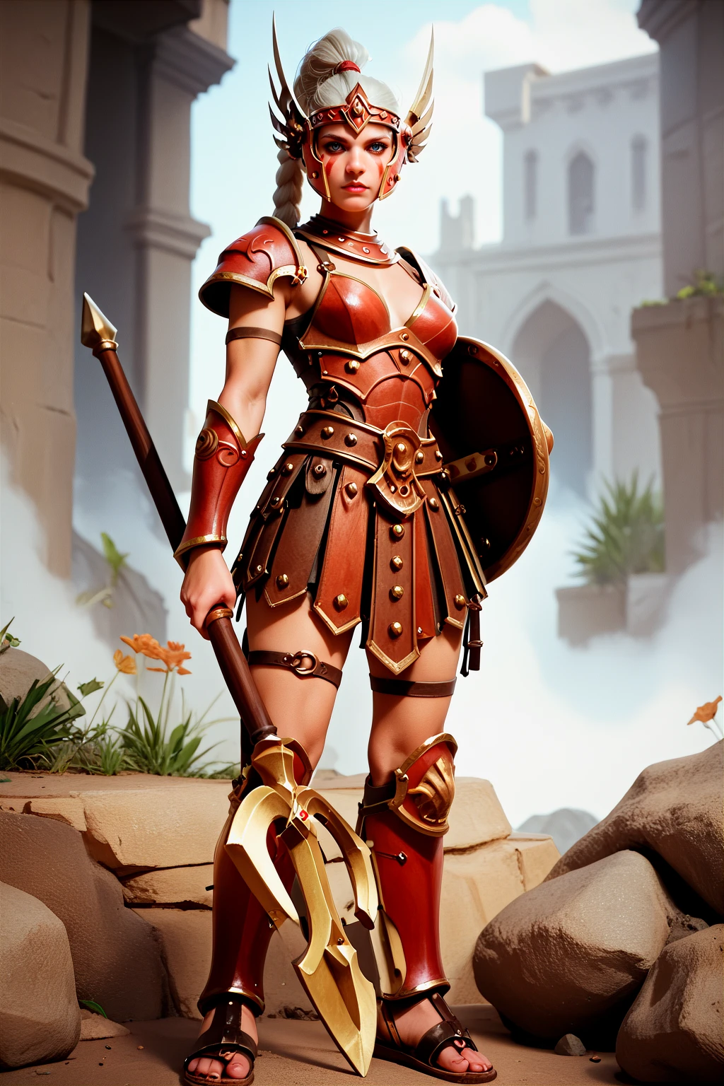 Warrior holding a sword and shield, Teela, Superheroine, Fiction, Master of the Universe, Eternia, athletic body, wearing a white swimsuit, Elvis Presley style turtleneck, leather boots, Wearing a tiara on her head, red hair, hair tied, ((perfect hand holding the sword)), sexy mouth, realistic, masterpiece, 4k, 8k --auto --s2