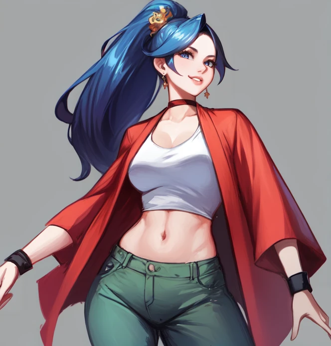 cowboy shot, solo, simple background, <lora:shiraizumiTamako(MMBN):0.5>, shiraizumi_tamako, long hair, navel, pants, midriff, green pants, red choker, smile, crop top, hair ornament, tank top, blue hair, long ponytail, red coat, wide sleeves, white tank top, wristband, from below, highres, Digital art, trending on artstation, best quality, insanely detailed, masterpiece, stunning environment, wide-angle,