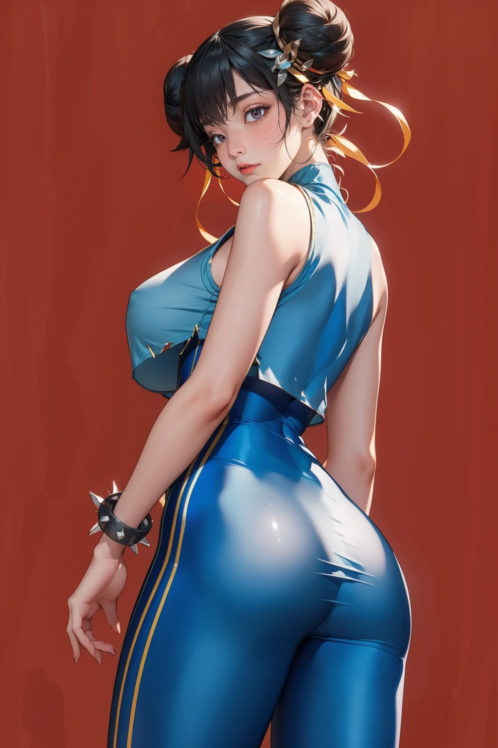 1girl,solo,red background,standing,ass,from behind,cowboy shot,,ruanyi0541,blue bodysuit,chinese clothes,spiked bracelet,sneakers,crop top,double bun,Wide hips,thick legs,huge ass,<lora:0541 cunli alternate costume_v1:1>, best quality,masterpiece,highres,official art,extremely detailed cg unity 8k wallpaper