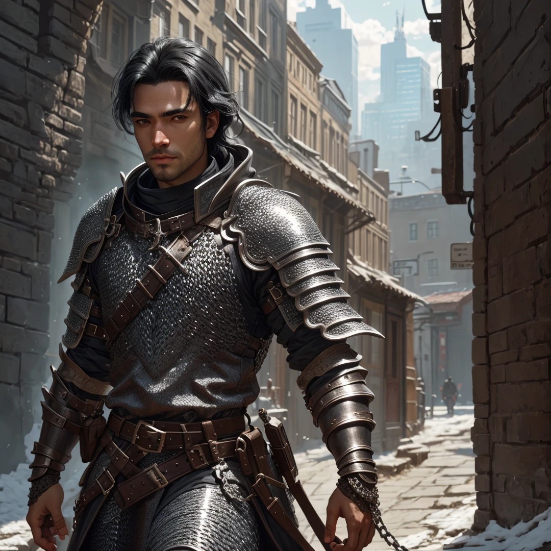 <lora:Midjourney_v6_Version_1.1:0.91> midjourney, male, city setting, chainmail, black hair, solo, sole male, best quality, masterpiece, detailed, 8K, uhd, (extremely detailed CG unity 8k wallpaper),(masterpiece), (best quality), (ultra-detailed), (best illustration), detailed face, skin pores, detailed skin, detailed eyes, high quality eyes, good quality hands, high resolution, great anatomy