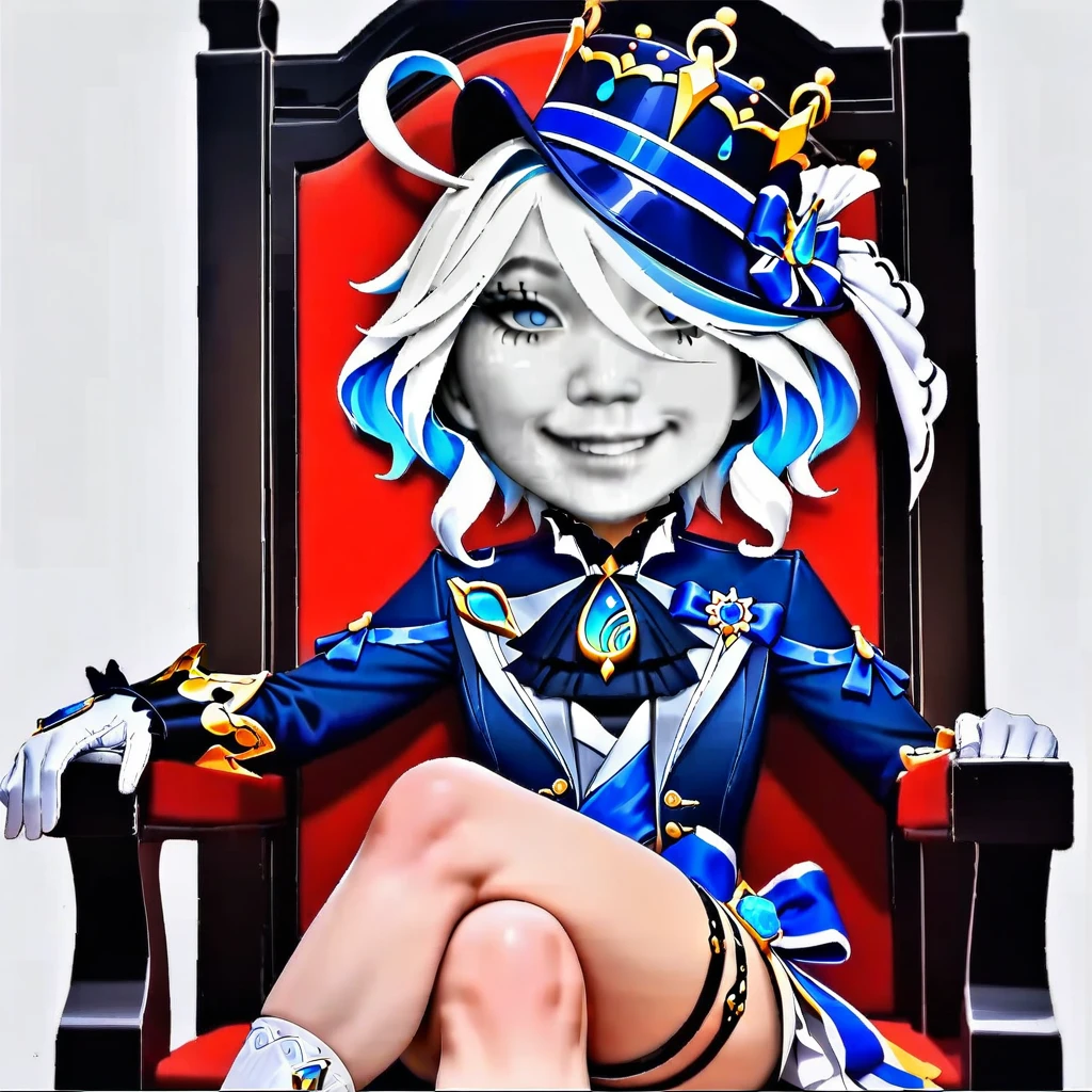 longtu-face,masterpiece, best quality, furina \(genshin impact\),hat,smile, sitting, crossed legs, ,chair,blue footwear,white socks