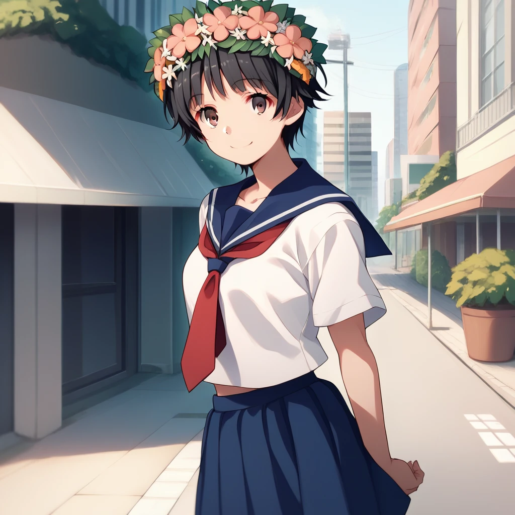 <lora:Kazari Uiharu - To Aru Kagaku No Railgun-000002:1>, UiharuTKNR, black hair, short hair, brown eyes, head wreath, hair flower, hair ornament, "serafuku, white shirt, red necktie, blue sailor collar, blue skirt, outdoors, city, street, smile", 1girl, solo, standing, cowboy shot, arms at sides, score_9, score_8_up, score_7_up, source_anime