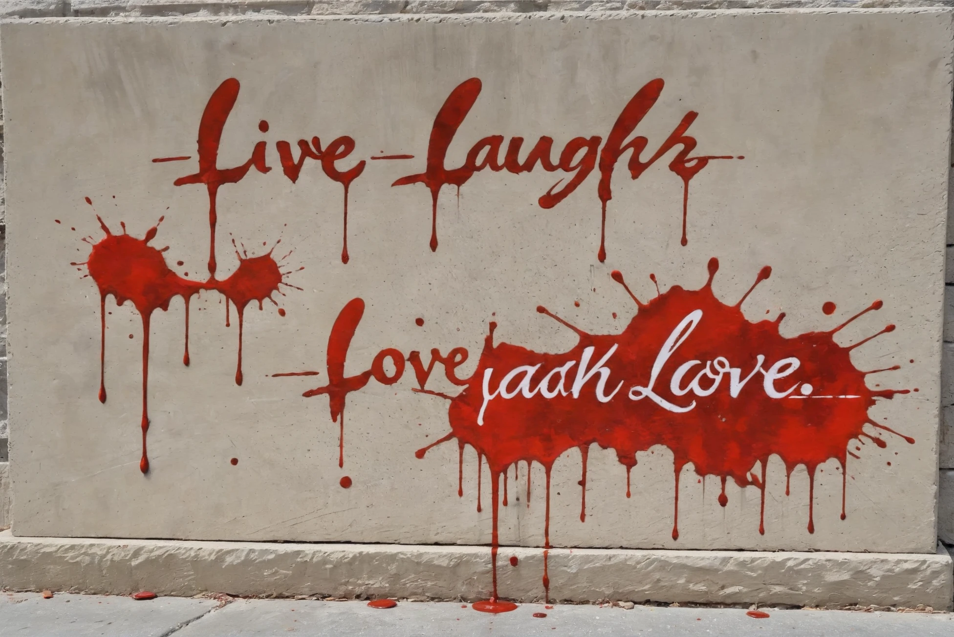 "live laugh love" blood splatter on concrete wall<lora:livelaughlove:1>