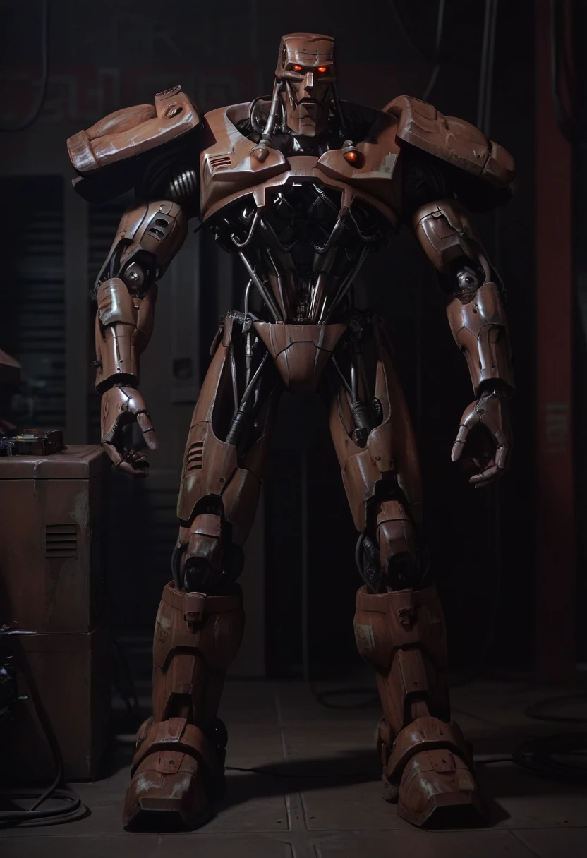 score_9, score_8_up, score_8, source_anime, <lora:Hammerstein:0.85> robot, no humans, science fiction, mecha, solo, realistic, glowing, red eyes, full body, humanoid robot, cable, 
factory background, blurry background,