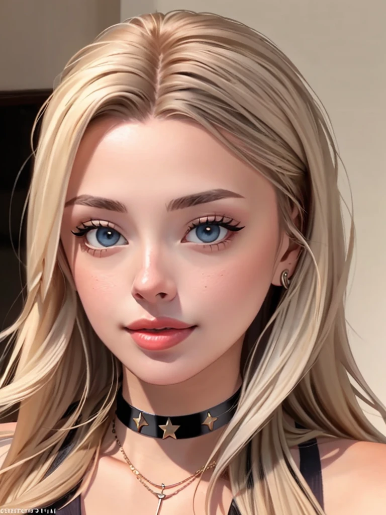 Realistic photo of a beautiful c0r1nn4k woman,1girl, solo, long hair, looking at viewer, smile, blue eyes, blonde hair, jewelry, closed mouth, choker, necklace, lips, grey eyes, eyelashes, portrait, realistic, professional Photography, Photorealistic, detailed, RAW, analog, sharp focus, 8k, HD, DSLR, high quality, Fujifilm XT3, film grain, award winning, masterpiece<lora:c0r1nn4k:1.0>