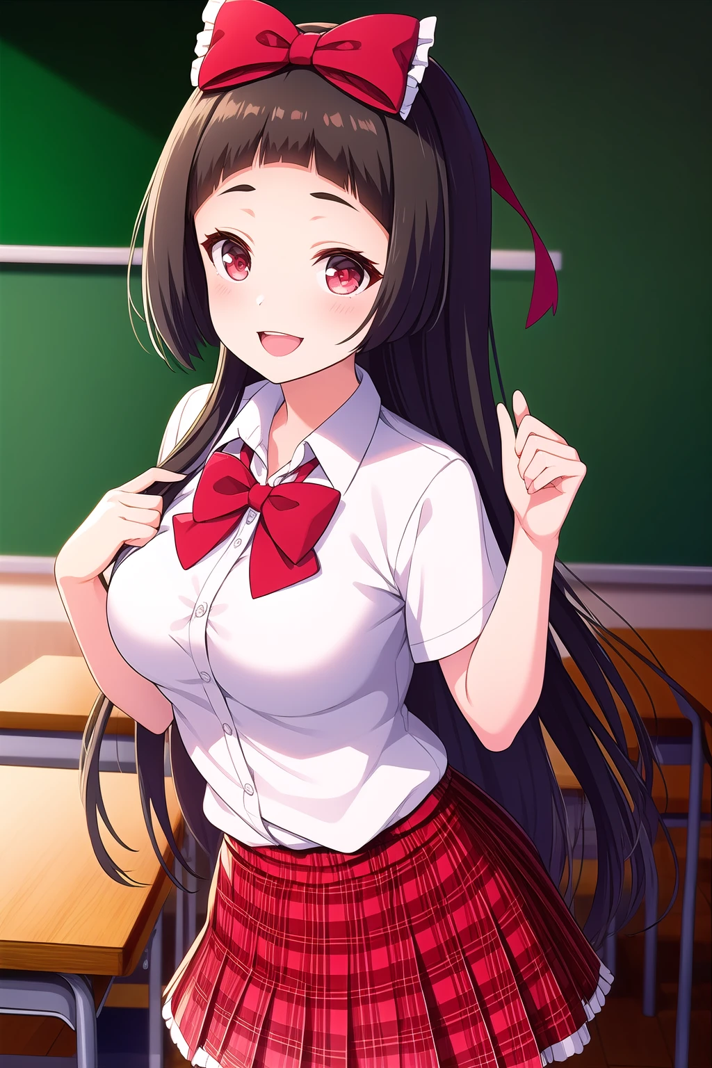 (masterpiece, best quality), highly detailed background, perfect lightingbest quality, isshikiairu, solo, indoors, classroom, black hair, hair bow, red bow, red ribbon, blunt bangs, very long hair, red eyes, medium breasts, red bowtie, white shirt, short sleeves, red skirt, plaid skirt, white thighhighs, school uniform, smile, open mouth, :d, pink lips, <lora:Isshiki-Airu:0.7>