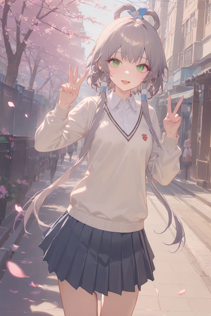 masterpiece, best quality, perfect features, intricate details, ray tracing, newest,(hitenkei, askzy:0.4), 1girl, solo, school uniform, white shirt, sweater, pleated skirt, light smile, double v, looking at viewer, smile, open mouth, outdoors, street, cherry blossoms, petals, depth of field, green eyes, grey hair, hair ornament, flower, hair rings, hair flower, short hair with long locks, hair tubes, sidelocks,  <lora:luotianyi_xl:0.7>