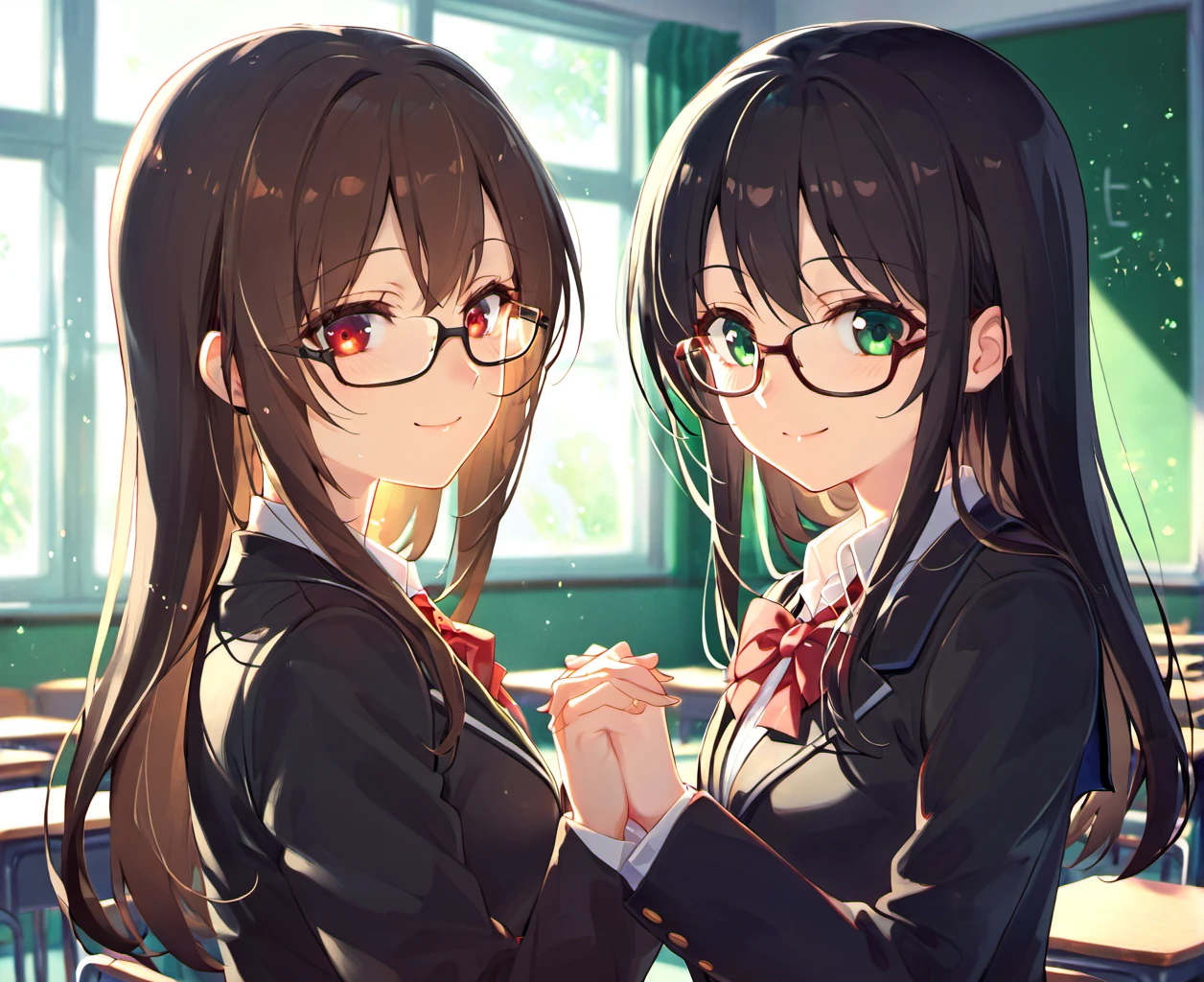 glasses, 2girls, smile, yuri, black jacket, school uniform, class room, long black hair, red eyes, brown hair, green eyes, hold hands, light particles,