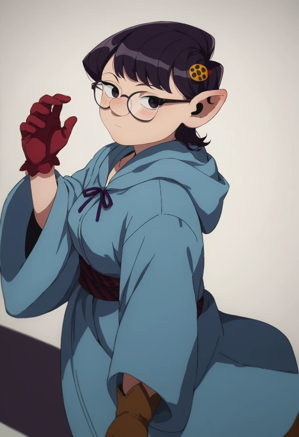 source_anime, score_9, score_8_up, score_7_up, rating_excplicit, 1girl, komi shouko, ,<lora:DMAnimeStyle:1> gnome, gloves, robe, hood down, glasses, hair hair ornament, blush, dutch angle, looking way, dynamic pose,
