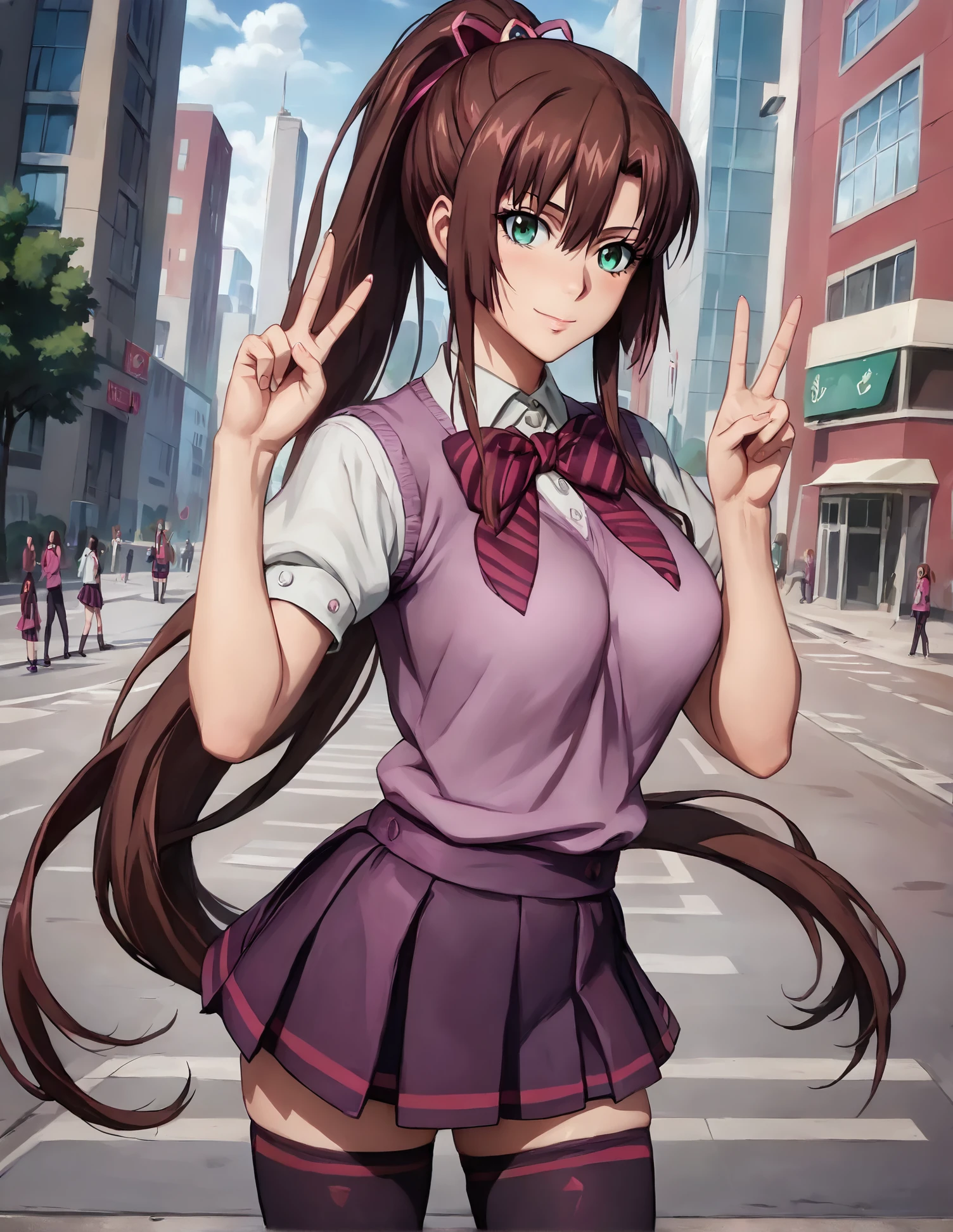 score_9, score_8_up, score_7_up, masterpiece, best quality, 1girl, sayaka kirasaka, source_anime, school uniform, standing, outdoors, posing, city, peace sign, arched back, large breasts