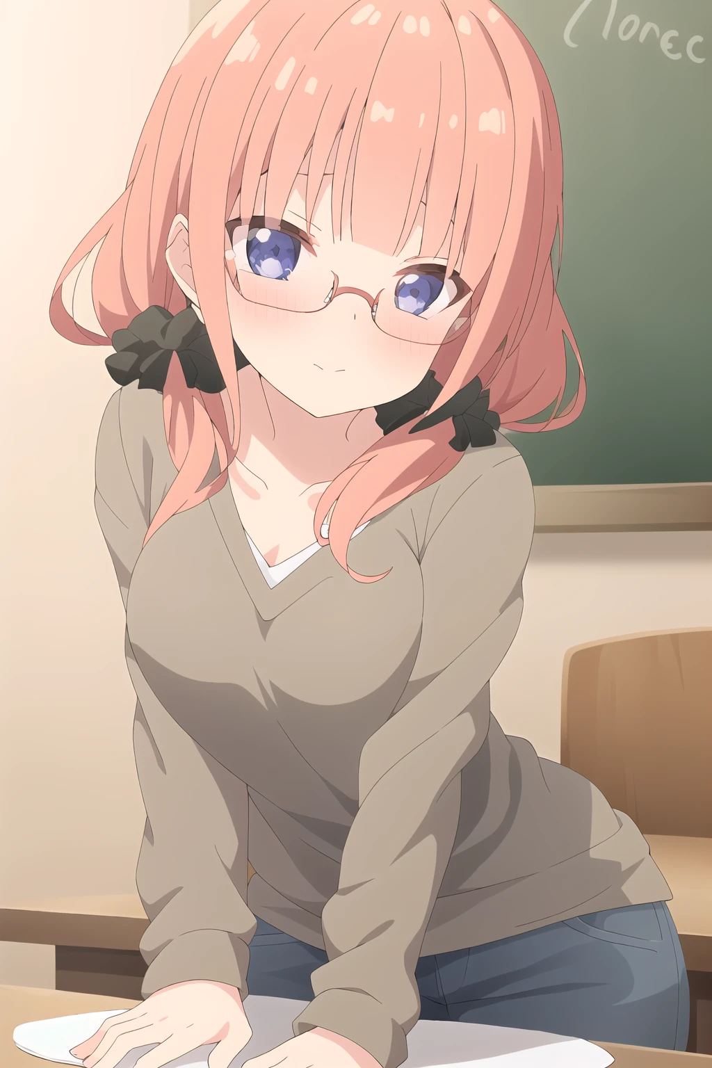 hires, 3d, 1girl, nakano nino, aged up, (blunt bangs:1.2), (low twintails, sidelocks), blue eyes, pink hair, hair ribbon, blush, classroom, glasses, cardigan, indoor, in front of chalkboard, <lora:SD15-NakanoNino-LoRA-MIA-v0.3a:0.8>, masterpiece, best quality