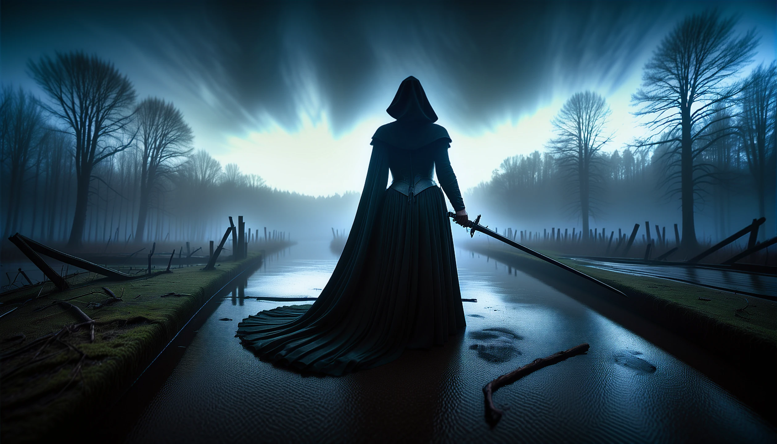 Amidst the oppressive gloom of the murky swamp, a solitary figure presses forward, her silhouette a stark contrast against the veil of darkness. Cloaked in tattered garments, she moves with a grace borne of necessity, each step calculated to avoid the grasping tendrils of the marsh's embrace. Her presence is a whisper in the night, a flicker of defiance against the encroaching shadows.
As she navigates the labyrinth of twisted roots and stagnant waters, a sinister presence lurks in the depths. From the murky abyss, crimson orbs gleam with malevolent intent, casting an eerie glow upon the desolate landscape. They watch her every move, unseen but palpably present, their gaze piercing through the veil of night.
But the woman remains undeterred, her resolve unshaken by the looming threat. With each passing moment, she draws closer to her destination, driven by a purpose known only to her. Though fear may linger in the air like a shroud, she refuses to succumb to its suffocating embrace.
In the face of adversity, she is a beacon of resilience, her spirit unyielding in the face of darkness. For she knows that beyond the shadows lies the promise of dawn, and she will not rest until she emerges victorious from the depths of the forsaken swamp.