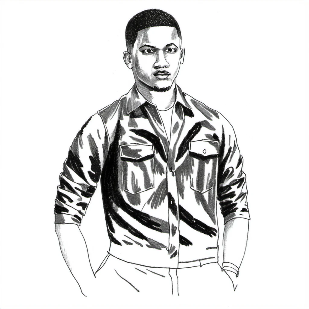 a black and white drawing of a young black man, full body pose <lora:Drawings2-000003:0.9>