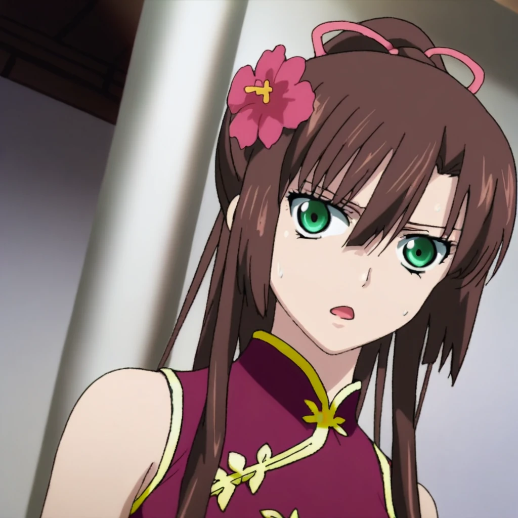 Sayaka Kirasaka, score_9, source_anime, Sayaka_STB, 1girl, solo, hairflower, flower, chinese clothes, open mouth, looking at viewer, sweat drop, hair ribbon, china dress, bare shoulders, dress, portrait, sleeveless, upper body