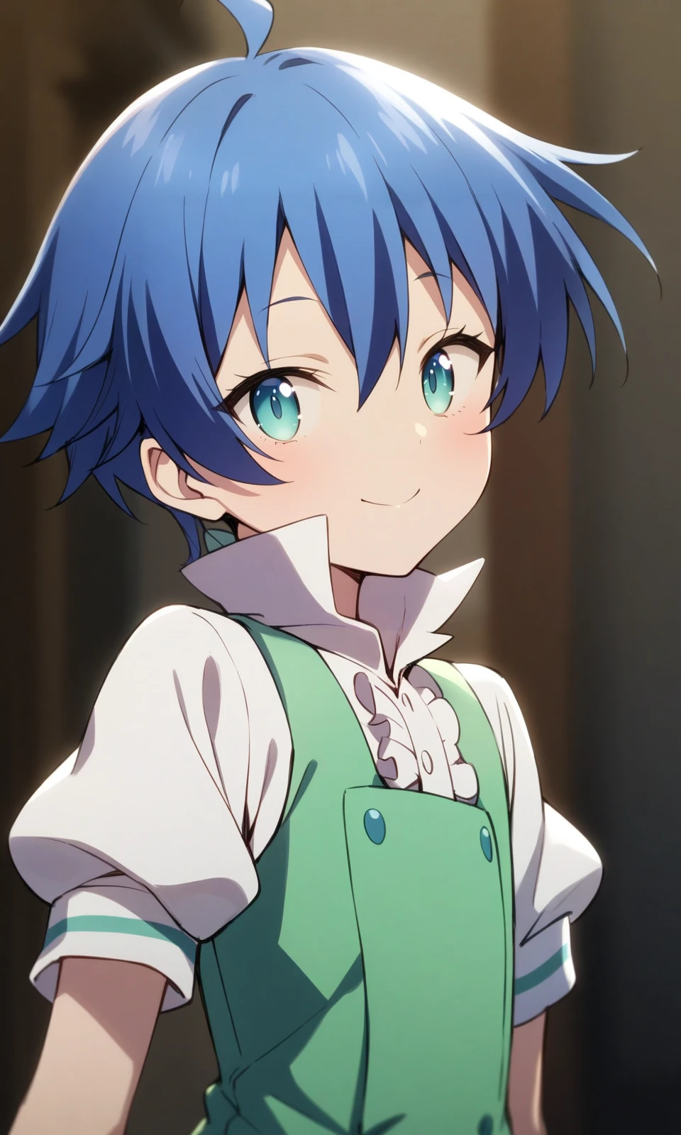 solo, 1boy, lloyd, aqua eyes, blue hair, short hair,
green vest, white shirt, puffy short sleeves,
looking at viewer, smile, =),
upper body, half shot,
masterpiece, best quality, very aesthetic, absurdres,
<lora:LloydDeSaloum_XL:1>