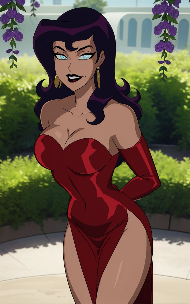 (masterpiece, best quality:1.4), insaneres, absurdres, solo, looking at viewer,BREAK 
DC_JLU_Circe_RedDress_ownwaifu, www.ownwaifu.com, 
1girl, long hair, purple hair, earrings, jewelry, breasts, blue eyes, no pupils,  makeup, dark skin, dark-skinned female, lipstick, hoop earrings, large breasts,  black lips, eyeshadow,  glowing eyes,  thighs, thick thighs, collarbone, toned, wide hips, 
cleavage, elbow gloves, gloves, dress, red dress, bare shoulders, red gloves, strapless, strapless dress, side slit, long dress, off-shoulder dress, 
(leaning forward, arms behind back), cowboy shot, garden, wisteria, outdoors, <lora:CARTOON_DC_JLU_Circe_ownwaifu:0.85> , depth of field, solo,