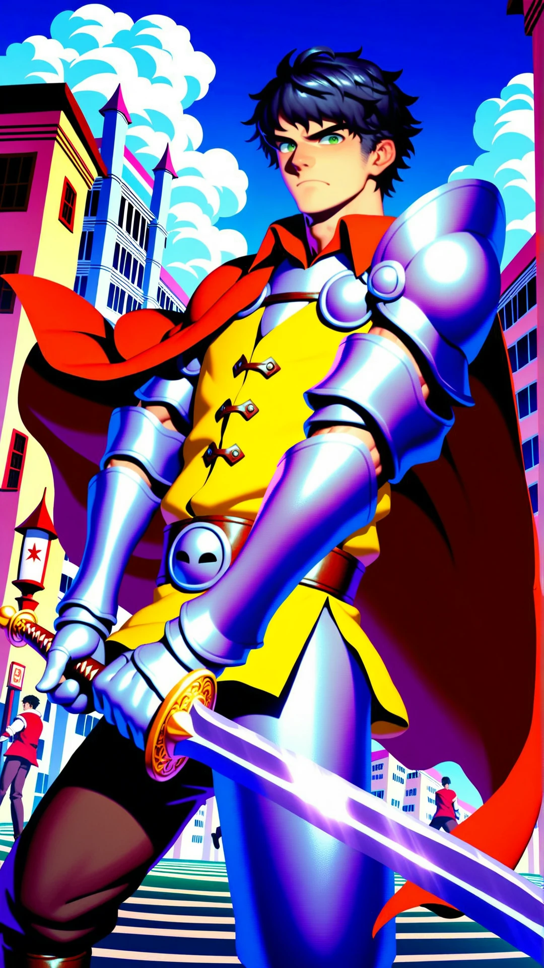 (zPDXL), (((cowboy shot))), (((dynamic pose))), (((dynamic angle))), sehele style, webtoon, anime, centered, perfect hands, ((holding sword)), 1man, black hair, green eyes, male knight, silver armor, red cape, (((yellow clothes))), outdoors, medieval fantasy city street background, <lora:sd_xl_dpo_lora_v1:1>, <lora:Seunghee_Lee_Style_PDXL:1>