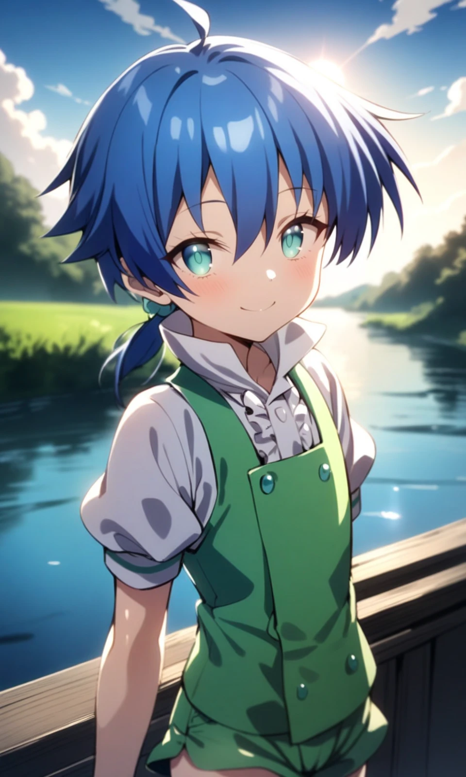 solo, 1boy, lloyd, aqua eyes, blue hair, short hair, low ponytail, shiny hair, shiny skin,
green vest, white shirt, puffy short sleeves, green short shorts,
looking at viewer, smile, upper body,
outdoors, river, sun, cloud, condensation tral,
masterpiece, best quality, very aesthetic, absurdres,
<lora:LloydDeSaloum_XL:1>