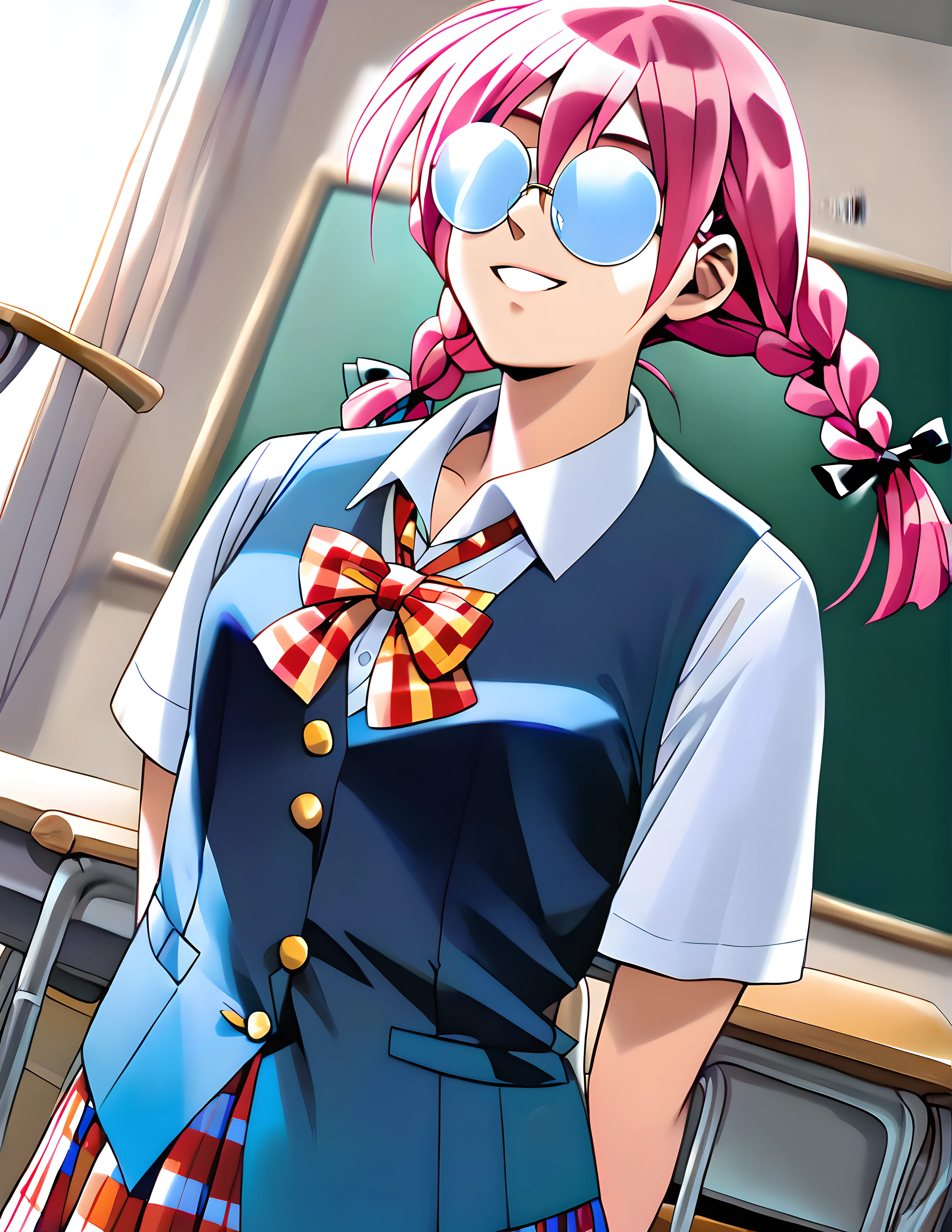 <lora:pony_xl_minori>,minori,score_9,score_8_up,score_7_up,source_anime,1girl,school uniform,blue vest,collared_shirt,bow,pleated skirt,plaid skirt,short hair,twin braids,no eyes,opaque_glasses,round eyewear,thick glasses of lenses,smile,classroom,cowboy_shot,front view,standing,arms_behind_back,