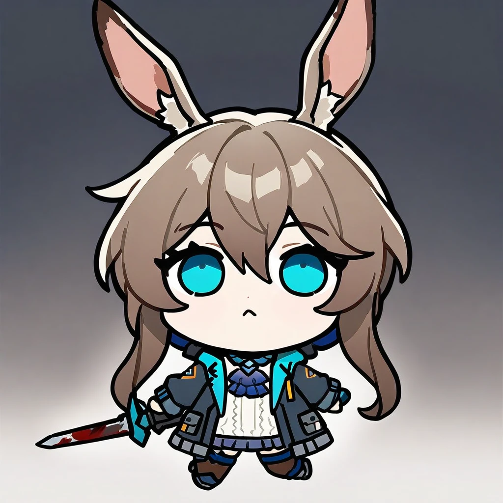 style-parody,chibi,full_body,(masterpiece),(best quality),1girl, animal ears, amiya (arknights), solo, blue eyes, rabbit ears, long hair, holding, looking at viewer, blood, weapon, blue ascot, upper body, holding weapon, brown hair, ascot, hair between eyes, sword, holding sword, jacket, blood on face, closed mouth, open clothes, sidelocks, open jacket, jewelry, shirt, neck ring, white shirt, black jacket, ponytail, glowing,