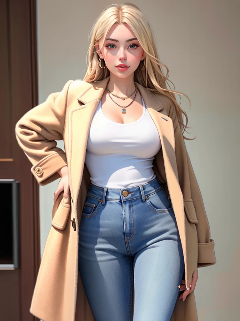 Realistic photo of a beautiful c0r1nn4k woman,1girl, solo, long hair, blonde hair, jewelry, necklace, lips, coat, denim, jeans, realistic, professional Photography, Photorealistic, detailed, RAW, analog, sharp focus, 8k, HD, DSLR, high quality, Fujifilm XT3, film grain, award winning, masterpiece<lora:c0r1nn4k:1.0>