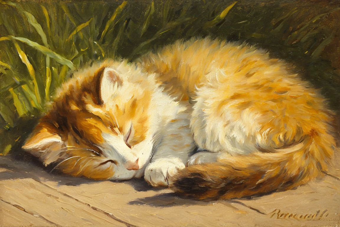 an oil painting of a cute kitten sleeping during a warm summer afternoon., no humans, animal, closed eyes, fluffy, <lora:cat_painting_XL_resize:1.2>