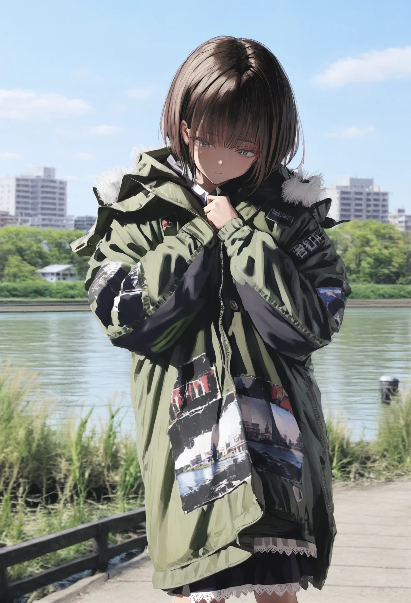 masterpiece, best quality,1girl, solo, outdoors, brown hair, photo background, jacket, short hair, day, brown eyes, building, river, sky, closed mouth, hood, green jacket, looking down, long sleeves, standing, bangs, hood down, water, skirt, grass, blue sky
<lora:GUXLlokr8f-000183:0.95>
