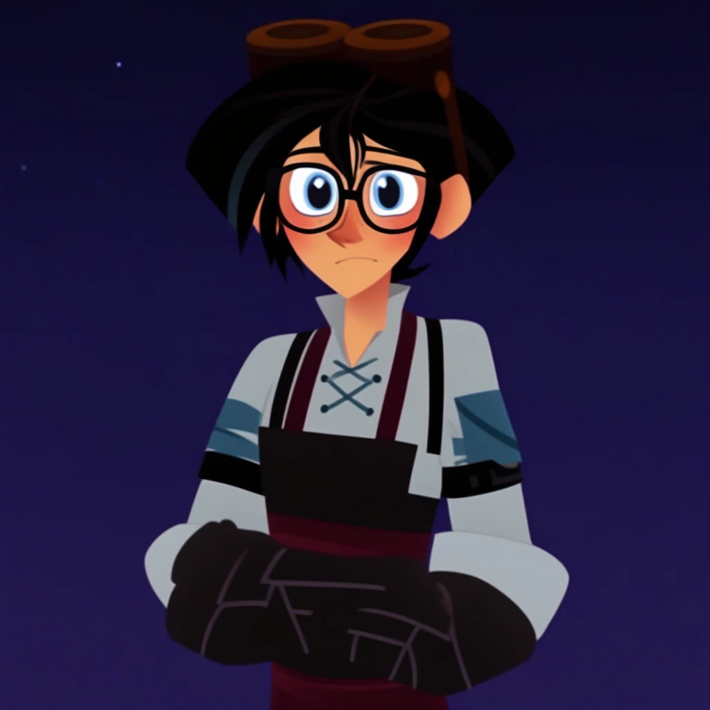 day, crossed arms, glasses, outdoors, star (sky), narrow face, black eyes, looking to the side, vase, gloves, teeth, apron, vest, solo, blue eyes, style parody, blush, closed mouth, orange background, black hair, sky blue eyes, looking at viewer, night