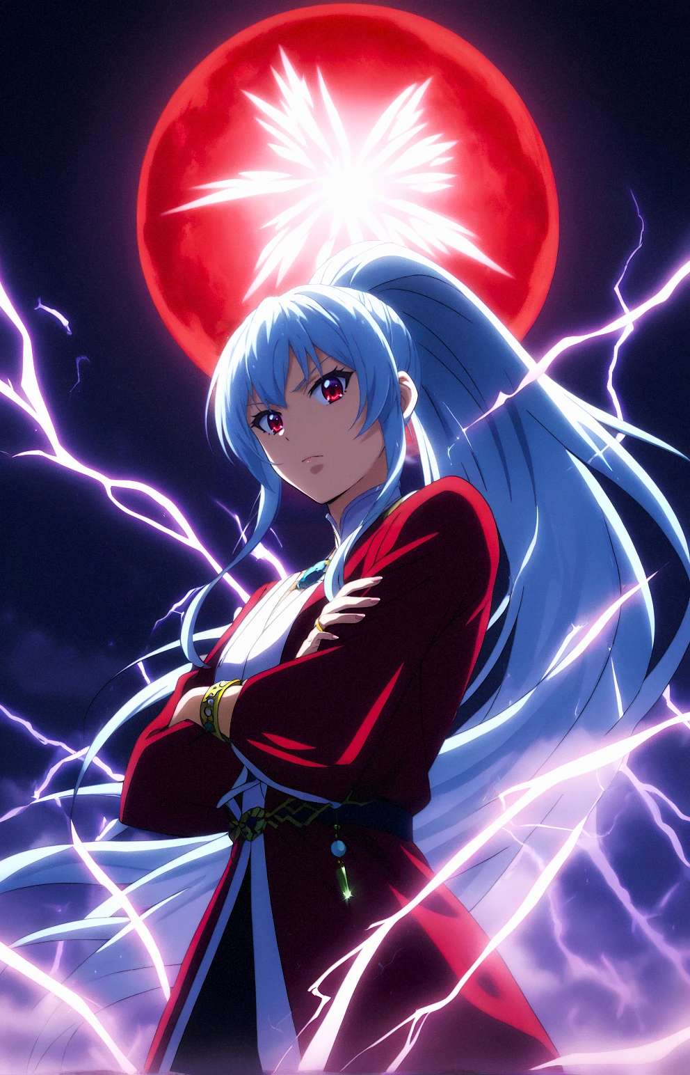 score_7_up, BREAK source_anime, (flat color:1.3),(colorful:1.3), best quality, original, extremely detailed wallpaper, looking at viewer, upperbody shot of a girl infused with lightning, very long hair, ponytail, fully clothed with blue long robe, highly detailed, extremely detailed, red eyes, electric, red moon, Rays of Shimmering Light, Cinematic Lighting, Matte, Stone, Milky Quartz, Opalite, Jewelry, Silk, Feathers, Water splash, Fog, Electric, Electricity, sparks,  lensflare, rim lighting, backlighting, Bracelet, Chromatic Aberration, RTX, Post Processing, upper body, from below, crossed arms, anime screencap