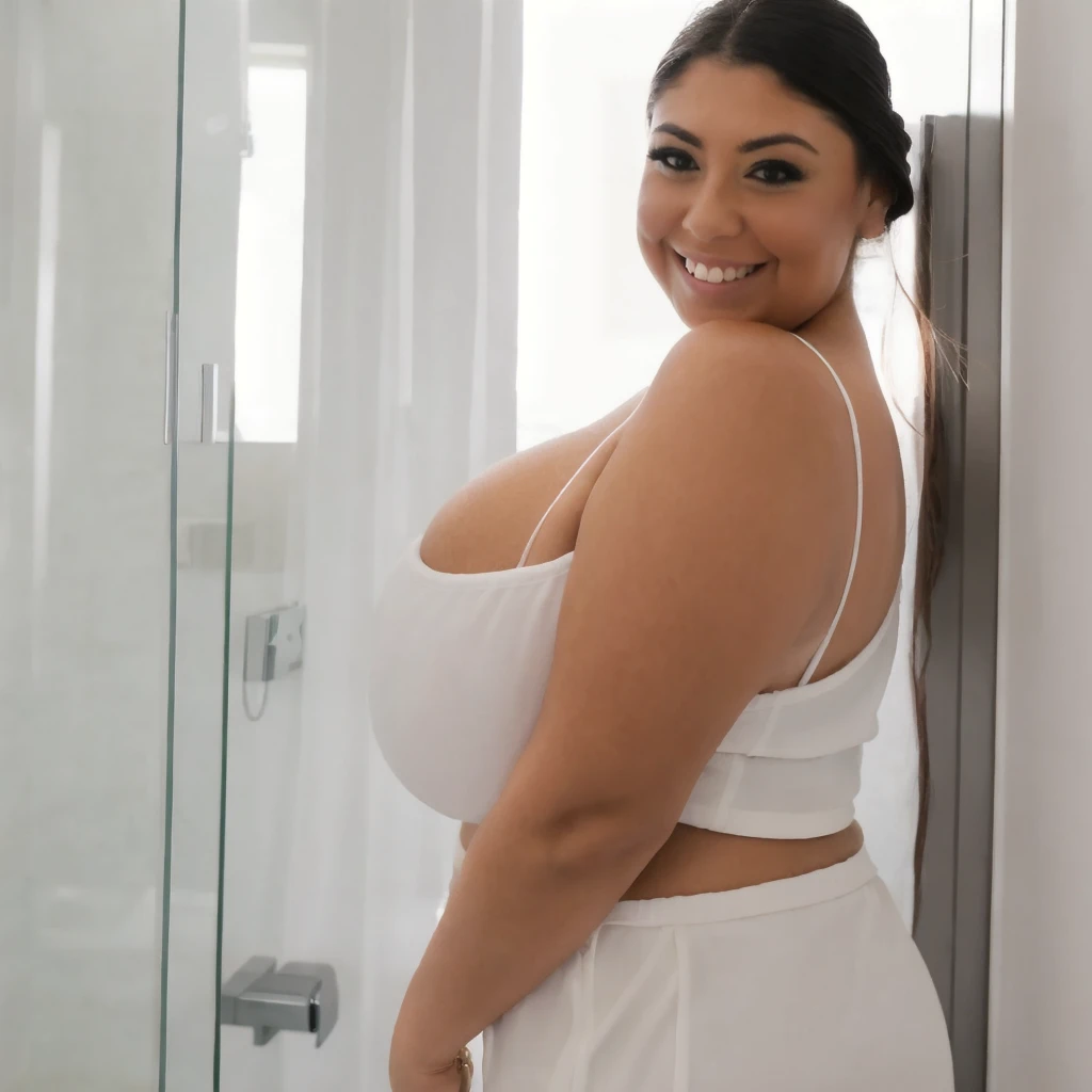 Hyperrealistic,big breasts, silky hair,big arse,glowing skin,smiling face, standing,beach,erotic, huge ass, nsfw, nude, naked, dark bedroom, kink, fetish, bbw,  pubic haie, (huge saggy breasts:1.2), intimate, sex, lewd, lust
