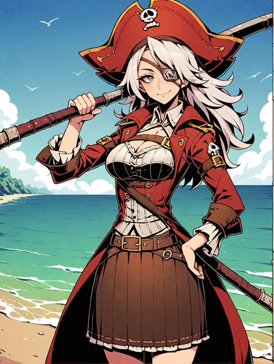 1girl,white hair,Pirate skirt,Wide-brimmed hat,large breasts, smile, unlight,holding weapon,solo,eyepatch, 
looking at viewer,depth of field,beach, close-up
<lora:Perfect Hands:1> <lora:Unlighté£æ ¼:0.6>, score_9, score_8_up, score_7_up, score_6_up, score_5_up, score_4_up,zPDXL