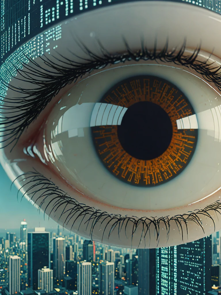 A close-up view of a robotic eye scanning the horizon, symbolizing AI's vision for the future, with a reflection of a code matrix in its lens, set against a backdrop of a technologically advanced city skyline.