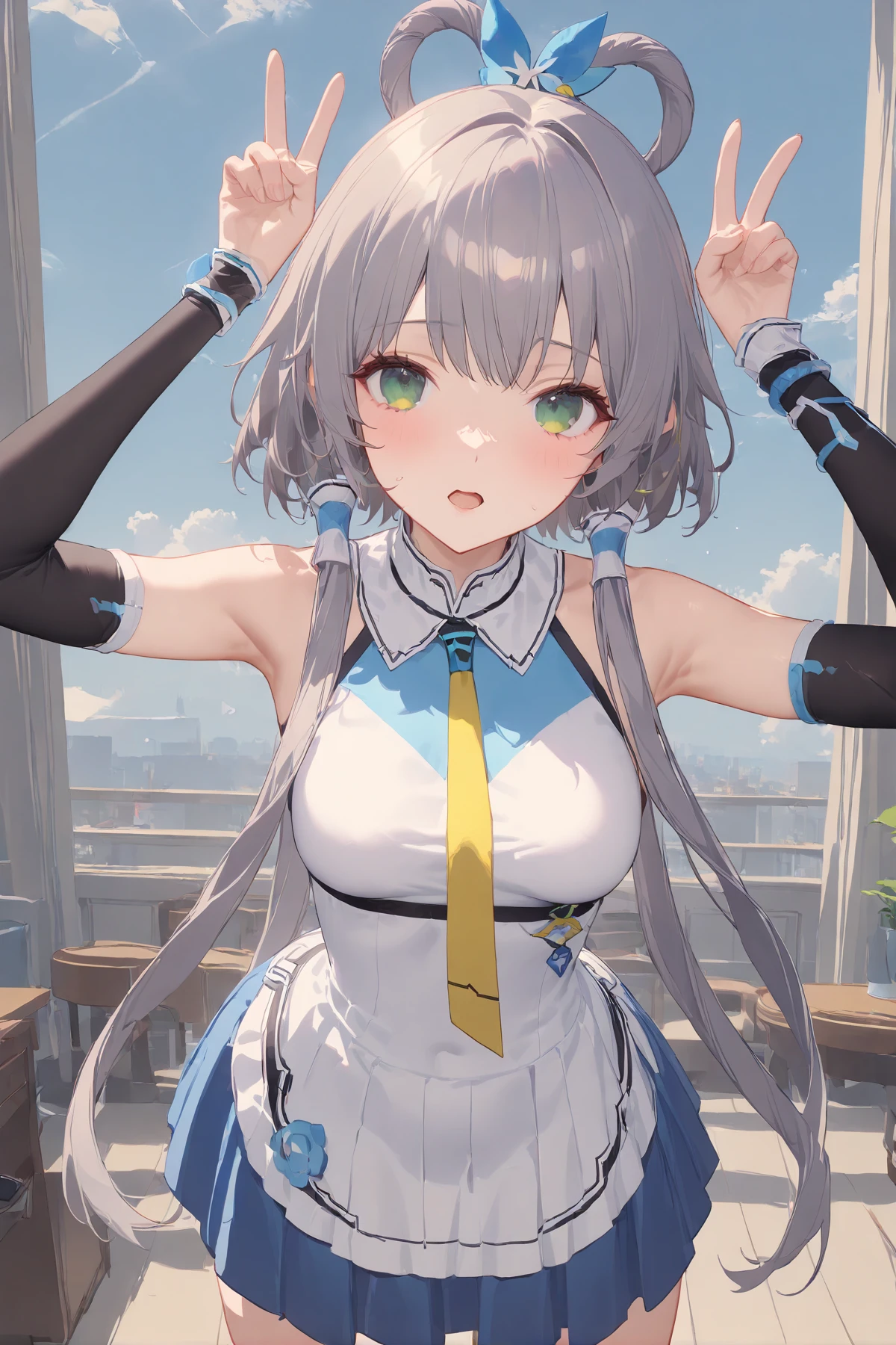 masterpiece, best quality, perfect features, intricate details, ray tracing, newest,(hitenkei, askzy:0.4), 1girl, solo,looking at viewer
, green eyes, grey hair, hair ornament, hair rings, short hair with long locks, hair tubes, <lora:luotianyi_xl:0.8>
, bare shoulders, pleated skirt, sleeveless shirt, official dress, upper body, breasts, sleeveless, yellow necktie, blue skirt, detached sleeves, white skirt, medium breasts, leaned forward,
<lora:usapiece_XL_v1:0.7>,double v, arms up,
dutch angle, portrait, looking ahead, bored, open mouth,