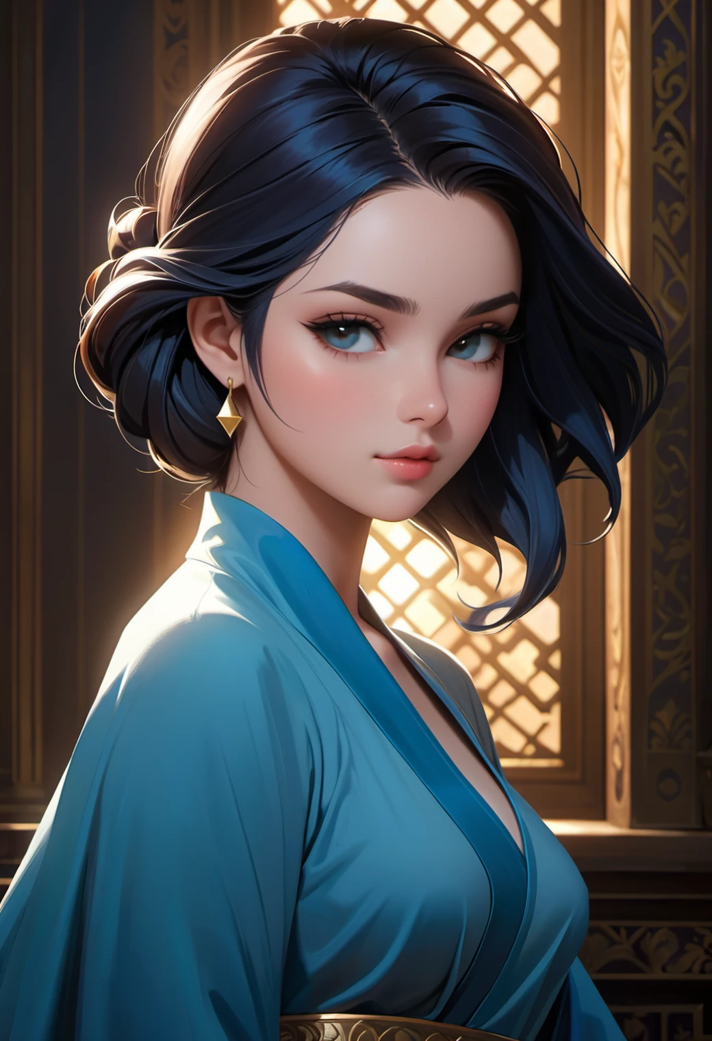 score_9, score_8_up, score_7_up, score_6_up, score_5_up, score_4_up score_9,score_8_up, digital art, upper body shot, realistic 3D illustration, princess ruto, soft lighting, contemplative expression, dark background, subtle makeup, high-resolution, detailed texture, emotional depth, dramatic mood, side profile, serene atmosphere, cinematic lighting. medium perfectly round breasts, (blue skin:1.2), firm breasts, SkinHairDetail, eye contact