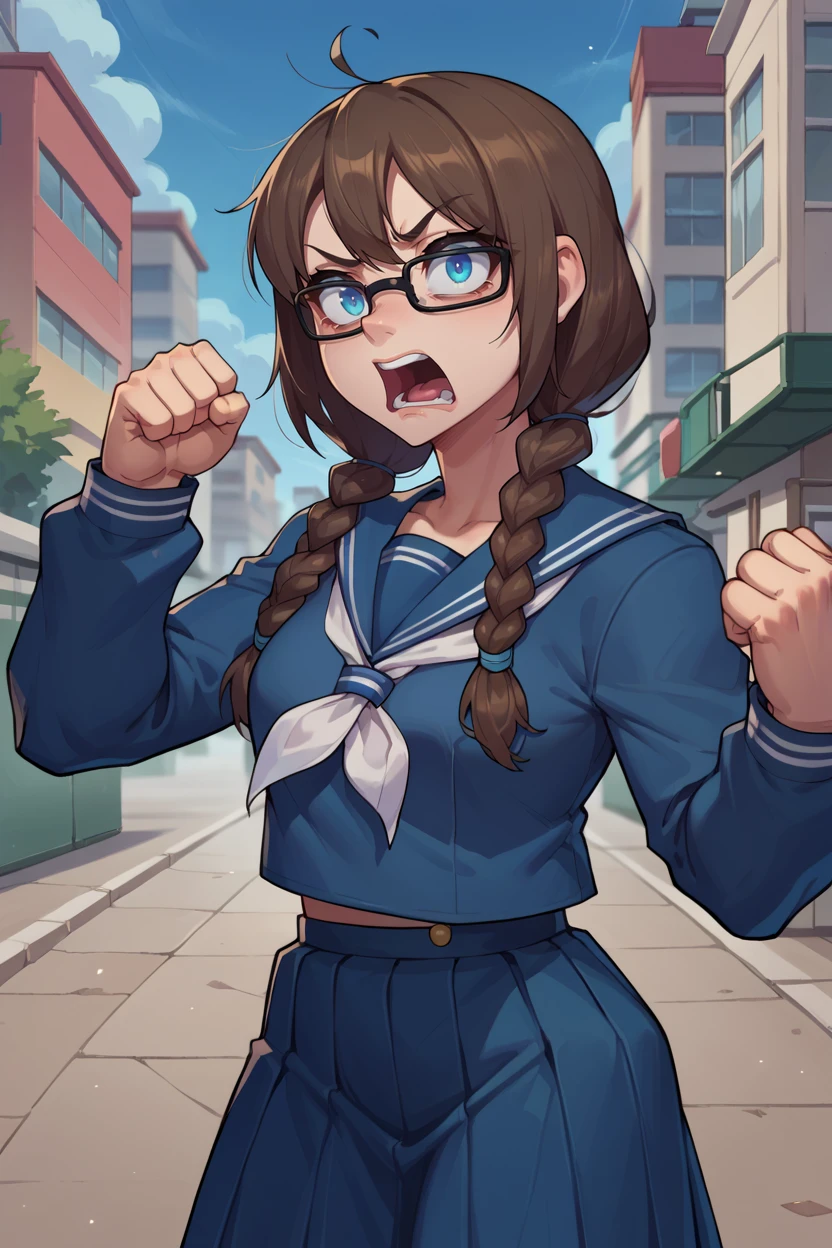 score_9, score_8_up, score_7_up, score_6_up, source_anime BREAK 1girl,  <lora:yoshidasaki-pdxl-nvwls-v1-000006:1> defSaki, blue eyes, brown hair, twin braids, hair over shoulders, glasses, navy blue shirt, serafuku, white neckkerchief, long sleeves, navy blue skirt, pleated skirt, annoyed, fists, clenched hands, loafers, city, hand up, yelling, looking at you