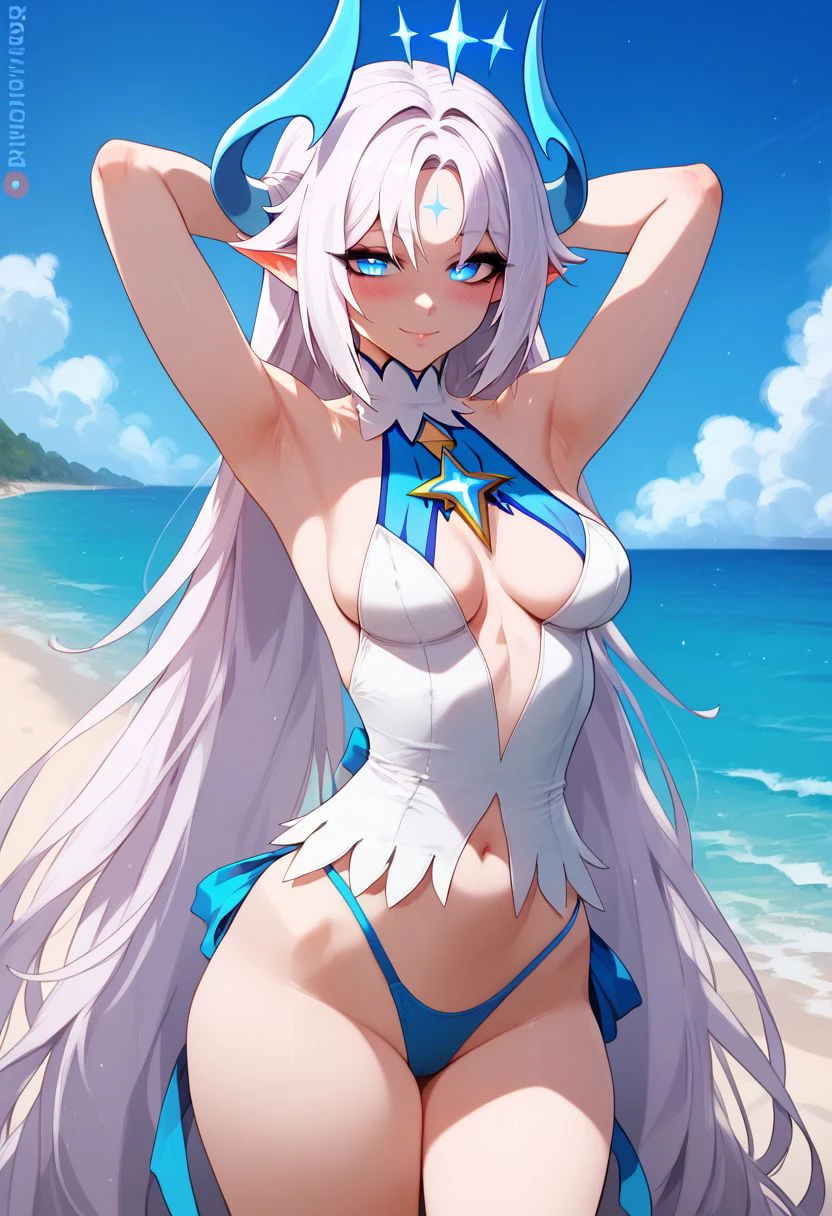 (masterpiece:1.2),(best quality:1.2), sharp details, score_9, score_8_up, score_7_up, detailed face, detailed eyes, dutch angle, elsword, luciela r. sourcream, ishtar \(elsword\),beach, 1girl, arms behind head, armpits, bare shoulders, blush, blue horns, (blue eyes), dark blue thong, cowboy shot, forehead, medium breasts, parted bangs, pointy ears, standing, seductive smile, thighs, thong, very long hair, (white dress: 0.9), white hair