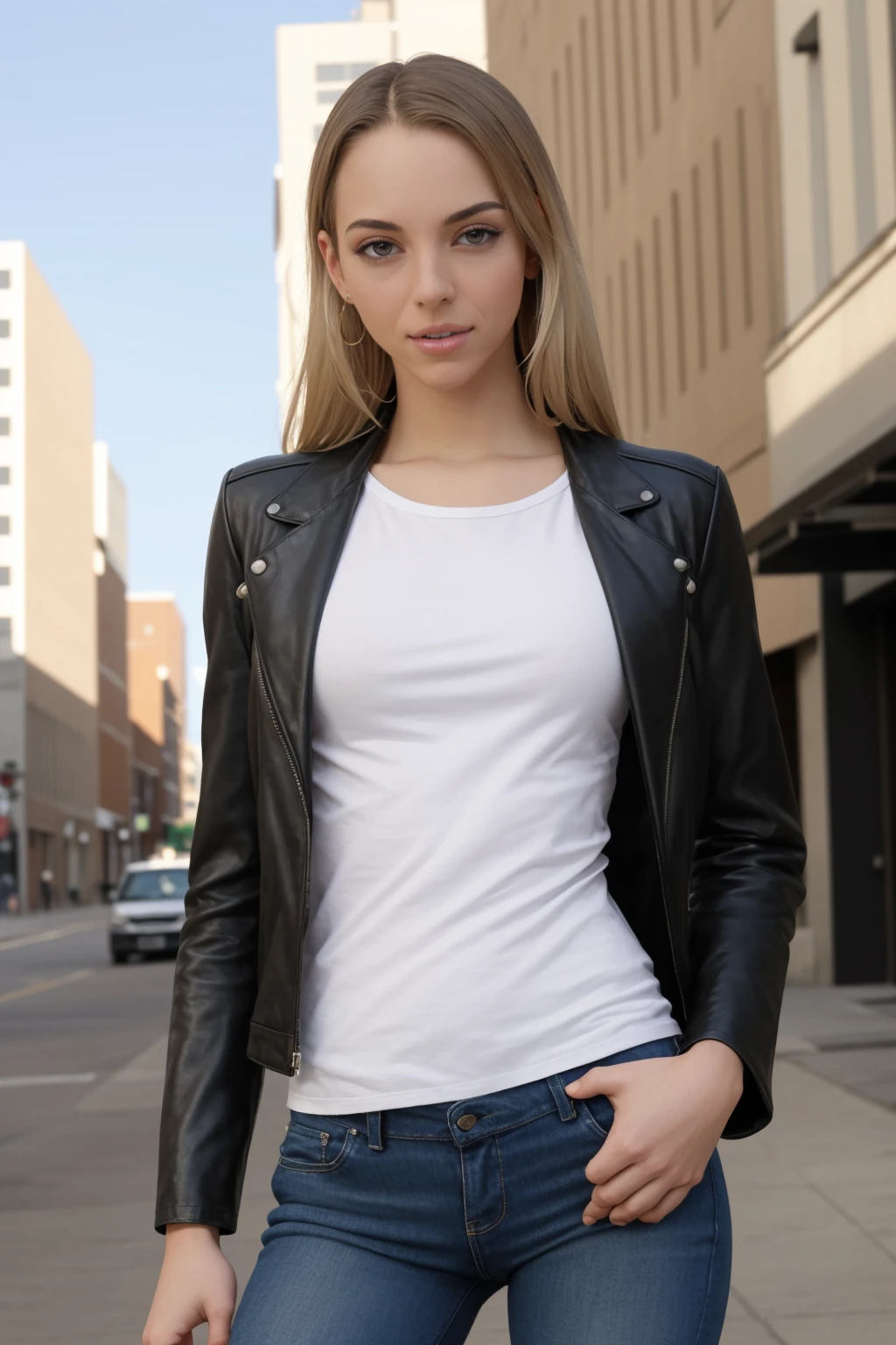 <lora:mondongo_LoRA_LilyLarimar:0.9> mndngwmn, slender body, (ultra realistic, 8k,high quality, natujral lighting), wearing a leather jacket,white t-shirt, jeans, on a city downtown, daytime