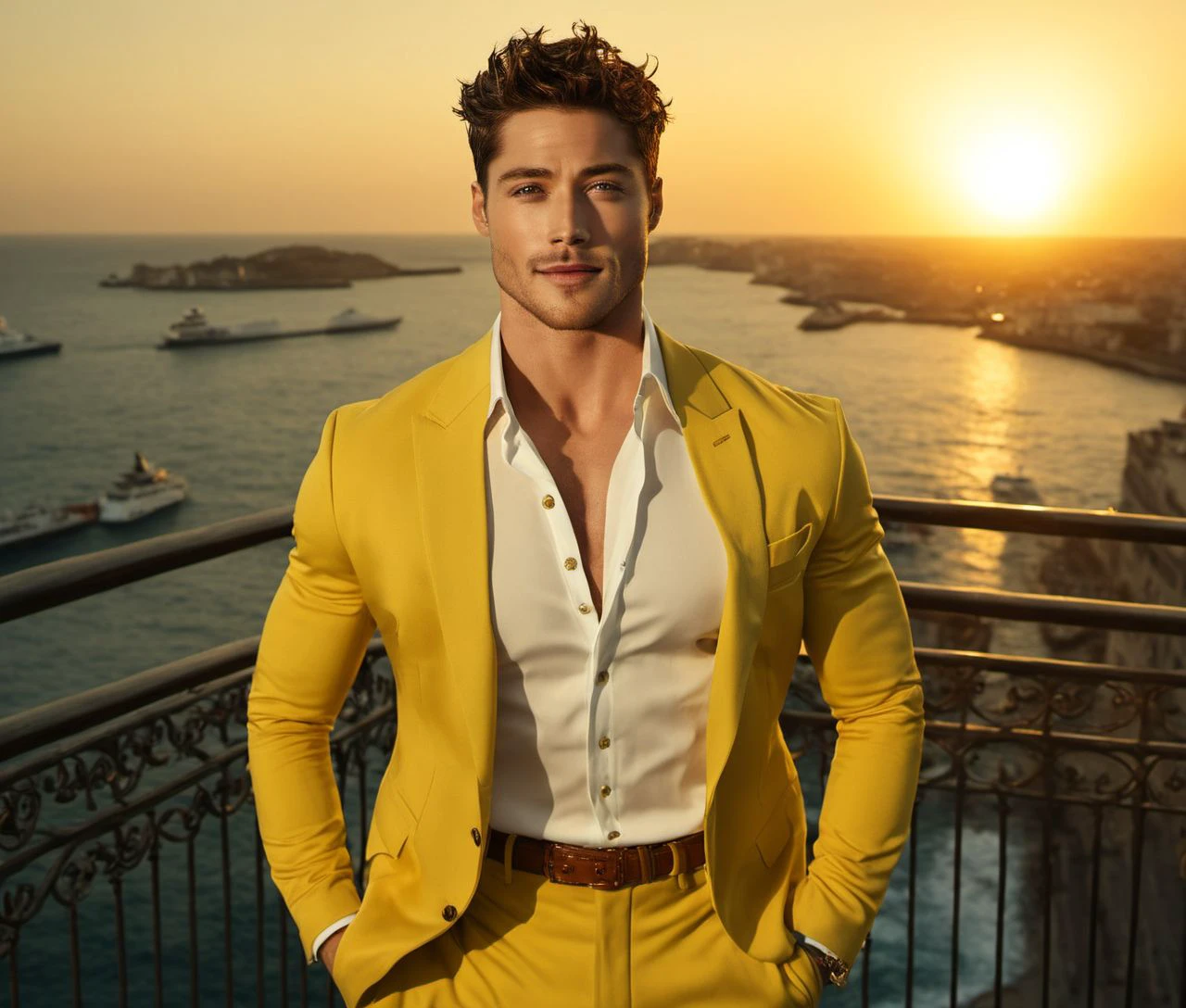 Nautical-themed (Photo:1.3) of (Ultrarealistic:1.3) <lora:Man_Men_FFashion:1> Ezra Miller a man <lora:Froy-Gutierrez_Ezra-Miller:0.8> in a yellow suit standing on a balcony, handsome man, attractive man, handsome male, sun behind him, inspired by Pablo Munoz Gomez, shot at golden hour, editorial photograph, midshot of a hunky, by Roman Bezpalkiv, by Artur Tarnowski, maxim sukharev, by Gabor Szikszai,Highly Detailed,(Mono Color:1.3) . Sea, ocean, ships, maritime, beach, marine life, highly detailed