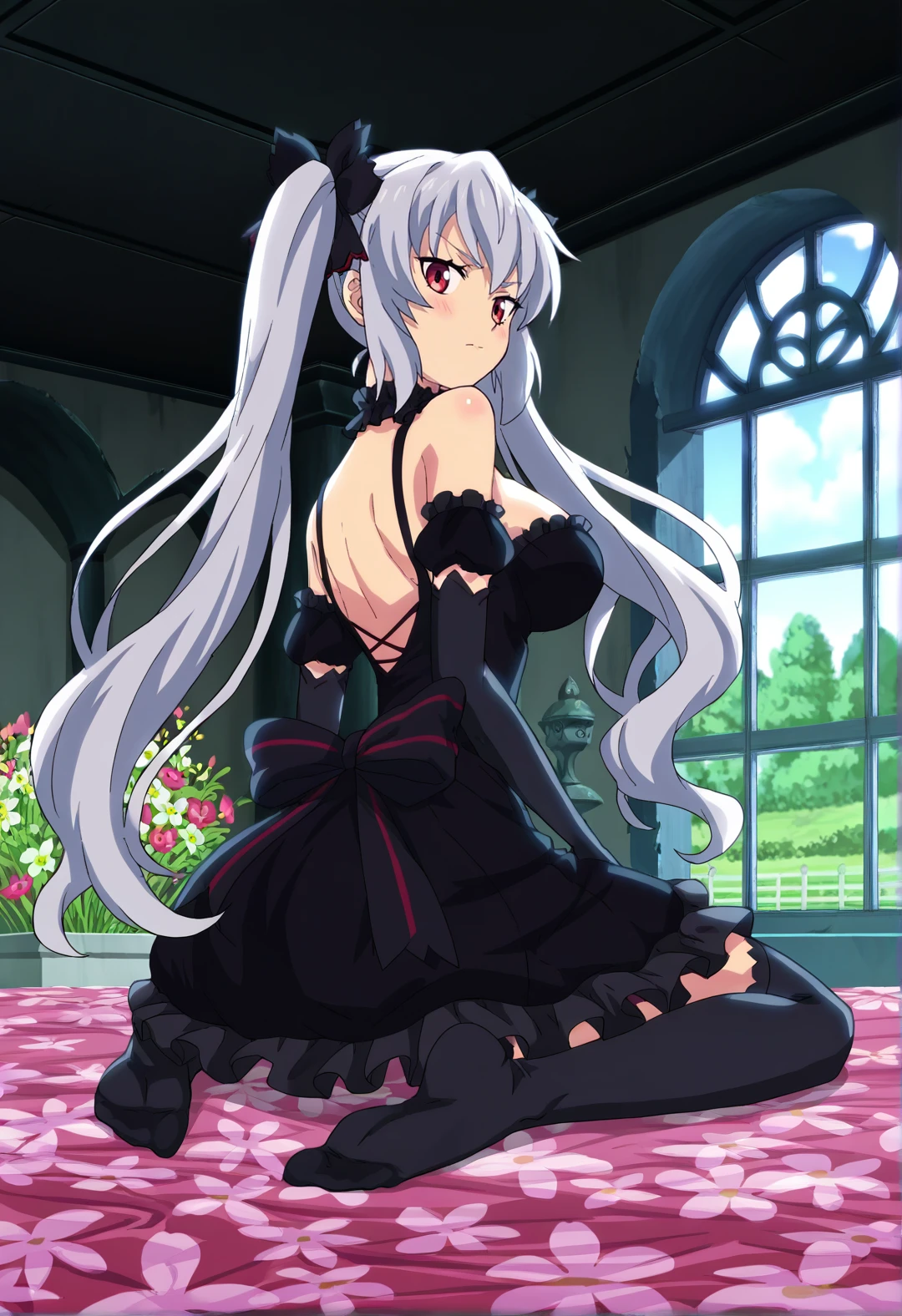 score_9, score_8_up, score_7_up, BREAK source_anime, 1girl, long hair, thighhighs, breasts, solo, very long hair, ass, gloves, twintails, elbow gloves, large breasts, looking at viewer, black thighhighs, grey hair, flower, sitting, red eyes, black gloves, thighs, frilled choker, seiza, bare shoulders, ribbon, no shoes, choker, full body, bow, closed mouth, soles, frills, feet, indoors, looking back, flower field, hair ribbon, black ribbon, dress, lace trim, blush, from behind, statue, anime screencap