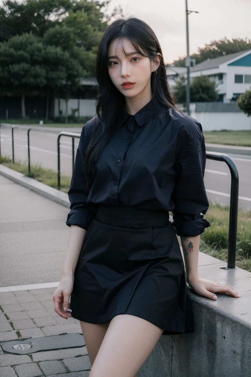(realistic), (hyperrealism),best quality, masterpiece,ultra high res, (photorealistic:1.4),1girl,(looking at viewer:1.2),1girl, solo, realistic, looking at viewer, parted lips, black skirt, blue shirt, tattoos
, <lora:makina69_mido_v1.0:1>