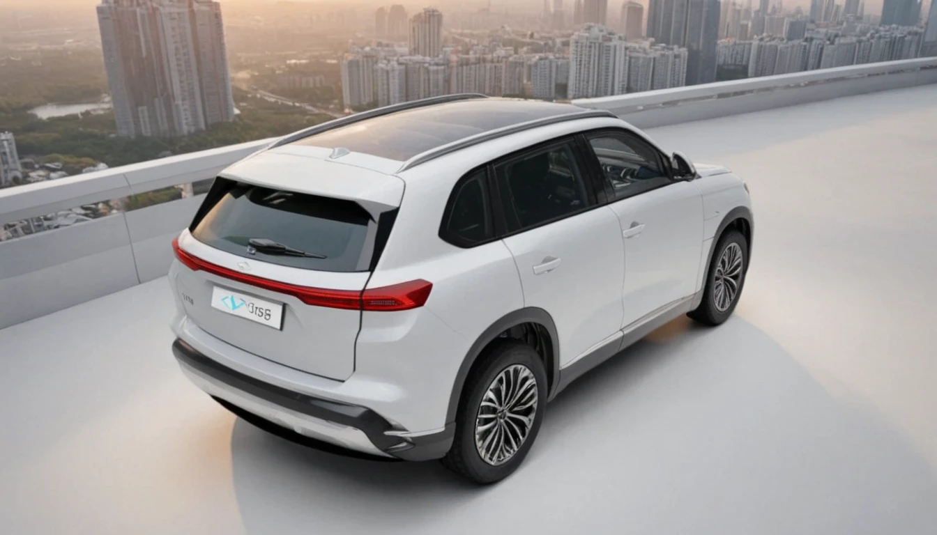 silver Togg T10X SUV car with Glass Roof back of the car, cityscape background, golden hour, high camera angle