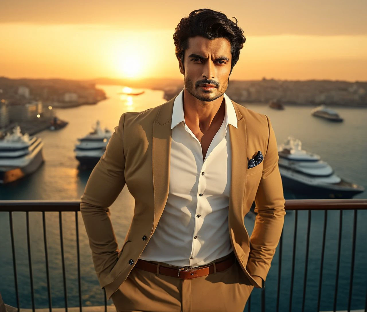 Nautical-themed (Photo:1.3) of (Ultrarealistic:1.3) <lora:Man_Men_FFashion:1> sebastian de souza a man <lora:Gashmeer-Mahajani_Sebastian-De-Souza:1> in a tan suit standing on a balcony, sun behind him, inspired by Pablo Munoz Gomez, shot at golden hour, editorial photograph, midshot of a hunky, by Roman Bezpalkiv, by Artur Tarnowski, maxim sukharev, by Gabor Szikszai,Highly Detailed,(Mono Color:1.3) . Sea, ocean, ships, maritime, beach, marine life, highly detailed