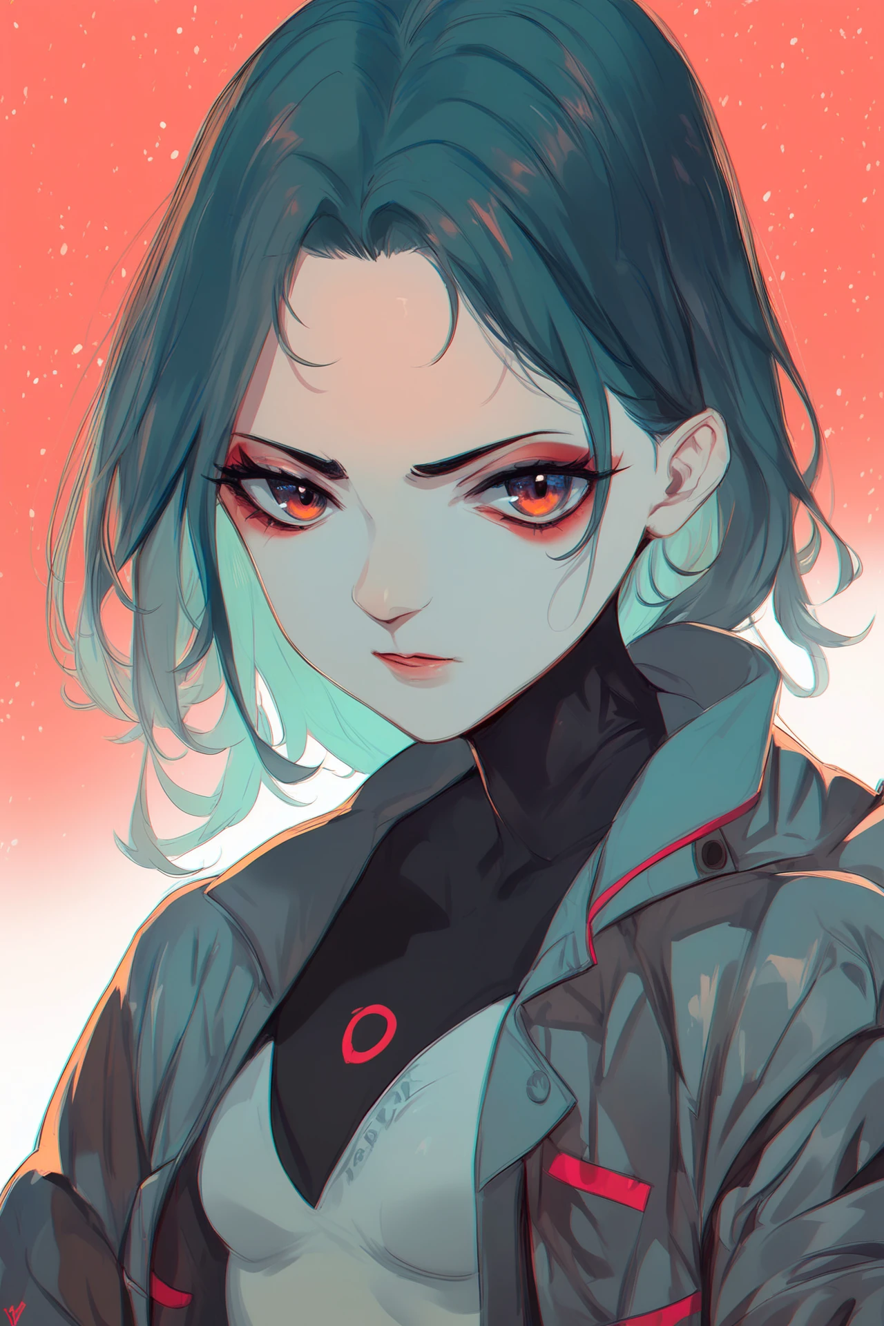 score_9, score_8_up, score_7_up,score_6_up,score_5_up,1girl,inzaniak,<lora:orange_xl_v2:0.7>,eyeshadow,small breasts,absurdres,looking at viewer,jacket,red background,entrails