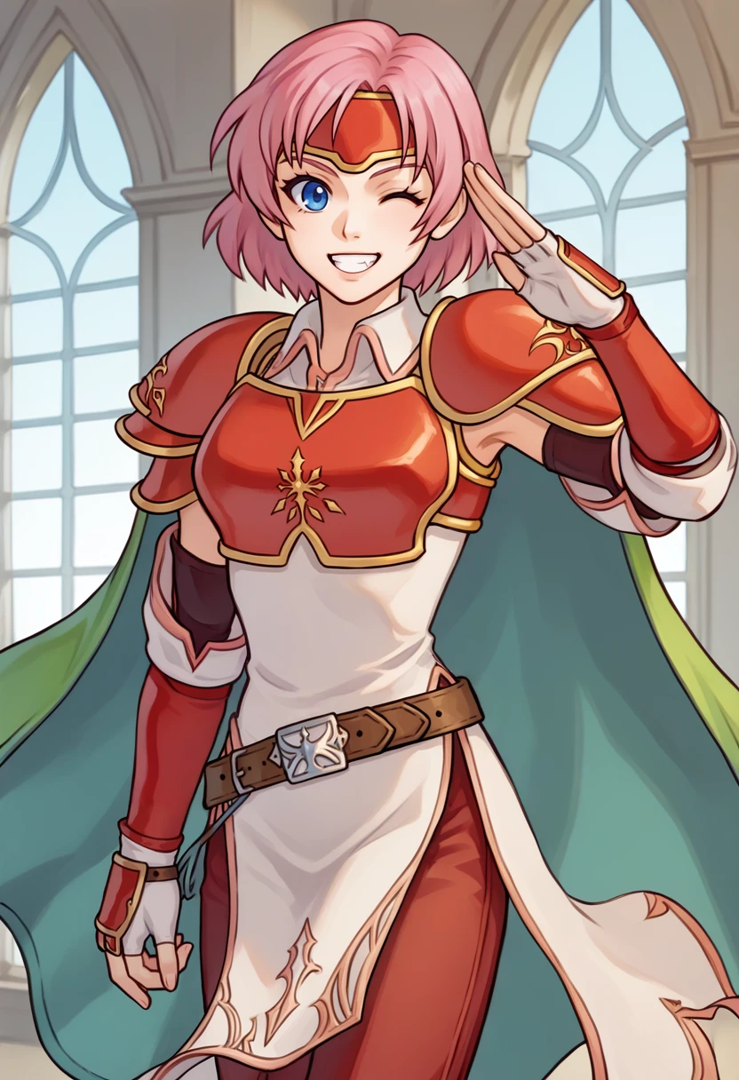 score_9, score_8_up, score_7_up, source_anime, BREAK 1girl, cowboy shot, looking at you, grin, wink, salute, <lora:MarciaFE-pdxl:1> dwnMarcia, medium hair, armored dress, pelvic curtain, red armor, breastplate, medium breasts, headband, pauldrons, belt, pants, green cape, detached sleeves, fingerless gloves, indoors, castle, window