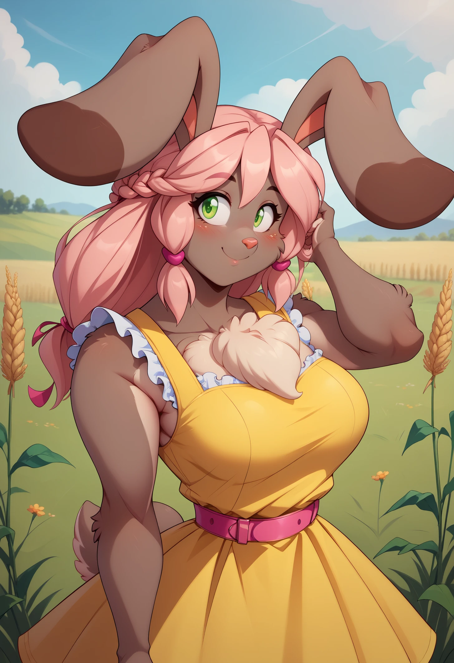 score_9, score_8_up, score_7_up, detailed background, BREAK 1girl, solo, riataffrudi, two-tone fur, rabbit girl, animal ears, rabbit tail, green eyes, pink hair, long hair, hair tubes, sidelocks, large breasts, <lora:Ria-Taffy-RudigerPDXL_V1-Manityro-CAME:1.0>, outdoors, wheat field,
looking at viewer, smile, closed mouth, blush, three-quarter view, hand in hair,
yellow sundress, sleeveless, white frills, pink belt, pink center bow,