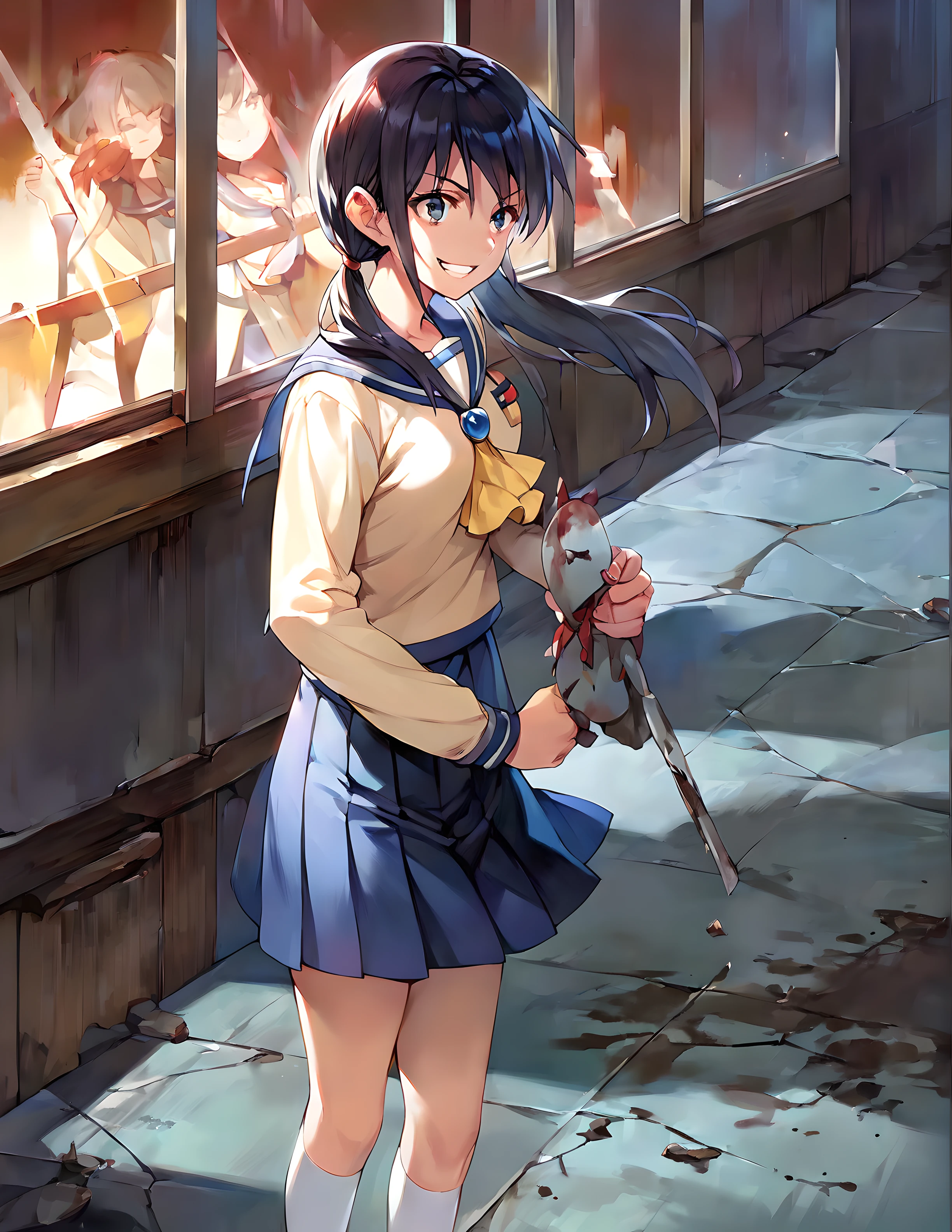 <lora:pony_xl_ayumi:0.8>,ayumi,score_9,score_8_up,score_7_up,source_anime,1girl,solo,school uniform,serafuku,long sleeves,ascot,blue skirt,pleated skirt,kneehighs,white socks,uwabaki,wrinkling of clothes,darkness,late night,(decayed buildings:1.2),wood floors,cracked floor,thin dirty walls,garbage scattered floor,there's a black stain on the wall,a window that does not make light,black bill on the window,black stain,(thin hallways:1.2),remodernism,cowboy_shot,crazy_smile,evil smile,standing,stand-up,holding_doll,
