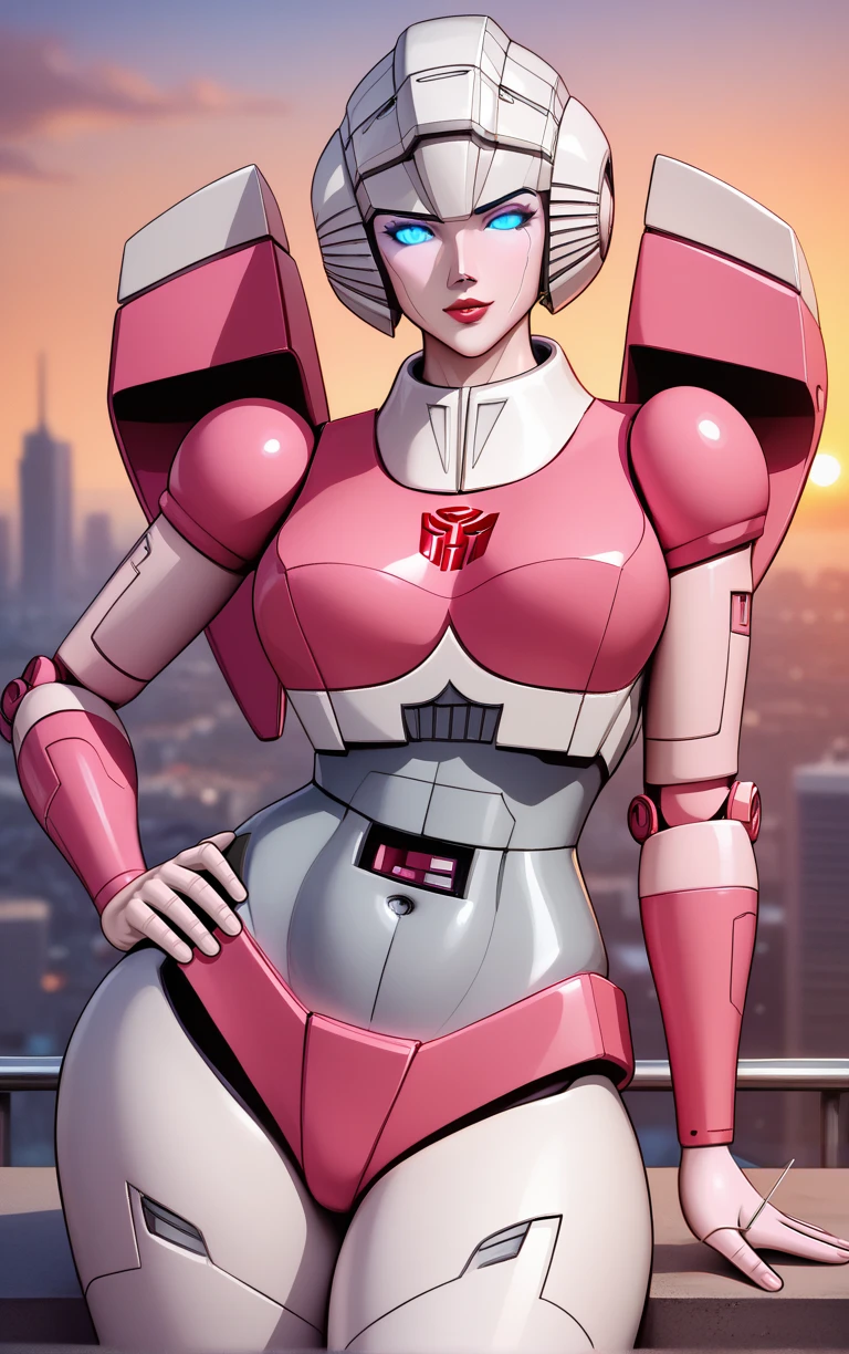 score_9, score_8_up, score_7_up, score_6_up, looking at viewer,  BREAK
Main_G1_Arcee_ownwaifu, 
1girl, autobot, blue eyes, helmet, mecha, no humans, pink top, red lips, shiny, insignia, pink panties, lipstick, breasts, glowing eyes, medium breasts, wide hips, makeup, navel, thick thighs, robot girl, 
(contrapposto, hand on hip), sunset, sidelighting, cityscape, outdoors, <lora:PONYXL_G1_Arcee_ownwaifu:1> , depth of field, solo,